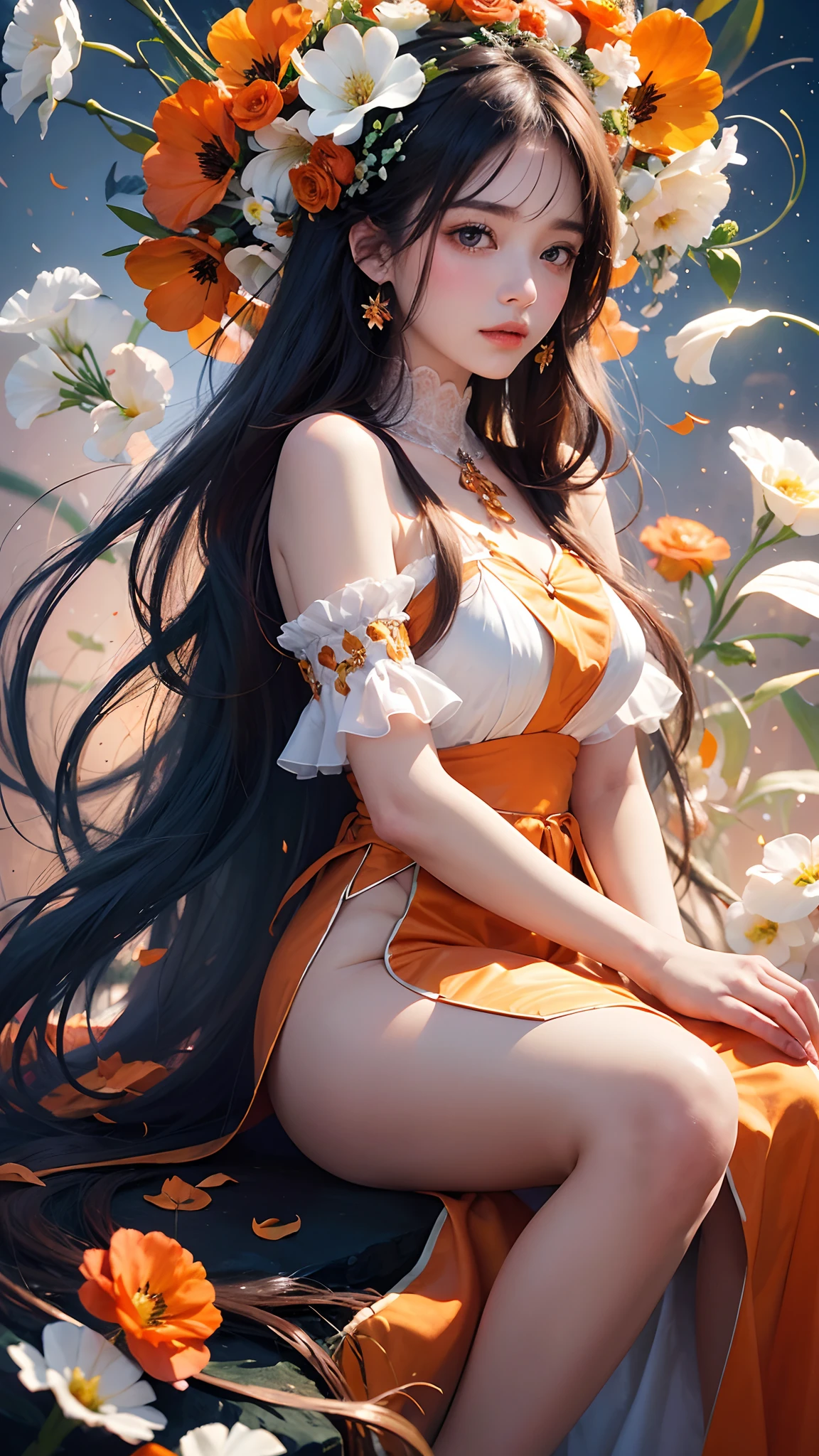 1girl, long hair, flower, Lisianthus, in the style of orange and light azure, dreamy and romantic compositions, orange, ethereal foliage, playful arrangements, fantasy, high contrast, ink strokes, explosions, over exposure, orange and white tone impression, abstract, attractive pose, sitting,