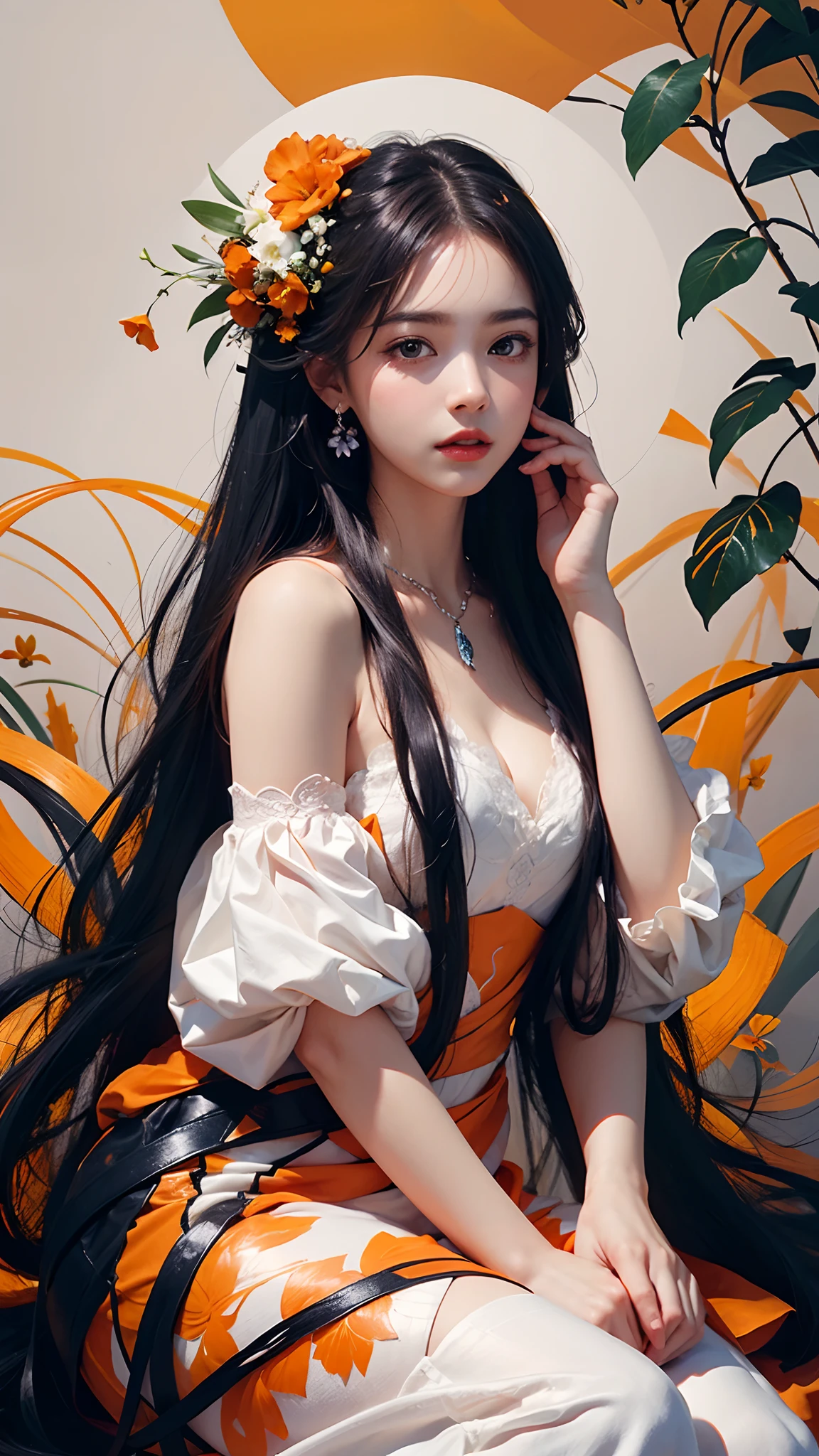 1girl, long hair, flower, Lisianthus, in the style of orange and light azure, dreamy and romantic compositions, orange, ethereal foliage, playful arrangements, fantasy, high contrast, ink strokes, explosions, over exposure, orange and white tone impression, abstract, attractive pose, sitting,
