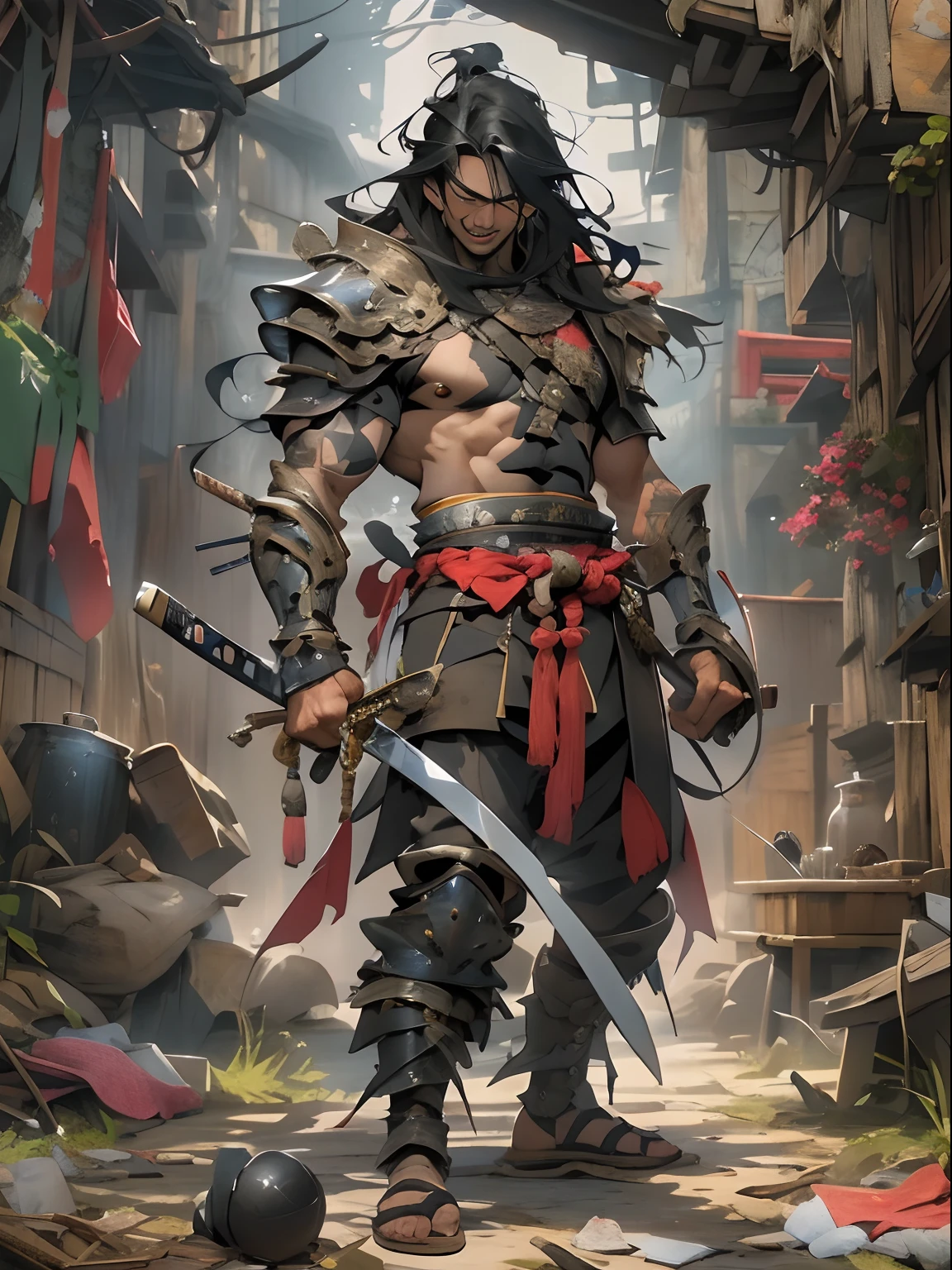 (((mtu))), (((best qualityer))), (((tmasterpiece))), (((AS-Adult))), ((( Japanese ))), Look up from your knees, Handsome Asian samurai,perfect body figure, Modern samurai, ((( Asian))), Wear gloves on your hands,The left arm is made of steel and metal tips,Made of protective devices, The eyes are pulled, (( Appears below the chest )), (( Small dental floss )), Simon Bisley, Almost naked(Simon Bisley)Castle City Wilderness,For high-resolution posters, hair straight, Minimum clothing, armure (Crazy clothes ), Full of tips and rivets, tribal tattoos, (((full bodyesbian))), Straight brunette hair,Colored hair ends
