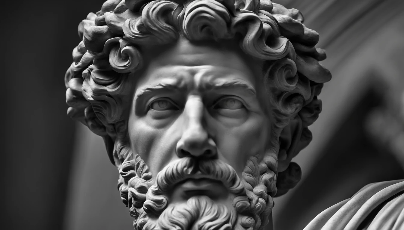 a portrait statue of the stoic Marcus Aurelius in black and white 4K,Face de lado, papel de parede super realista , sem camisa, Sintura,corpo forte,strong upper arms,tronco forte