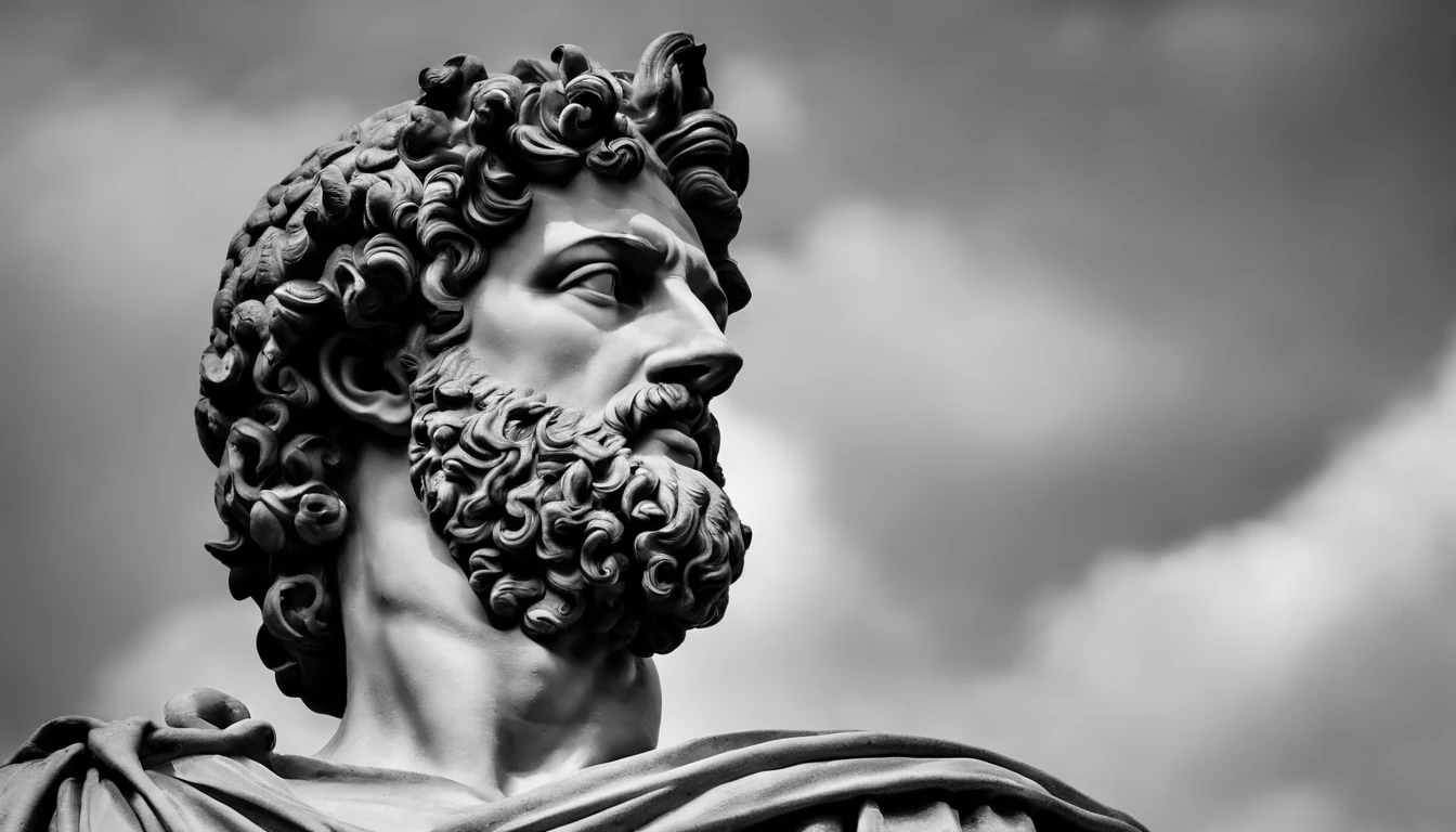 a portrait statue of the stoic Marcus Aurelius in black and white 4K,Face de lado, papel de parede super realista , sem camisa, Sintura,corpo forte,strong upper arms,tronco forte