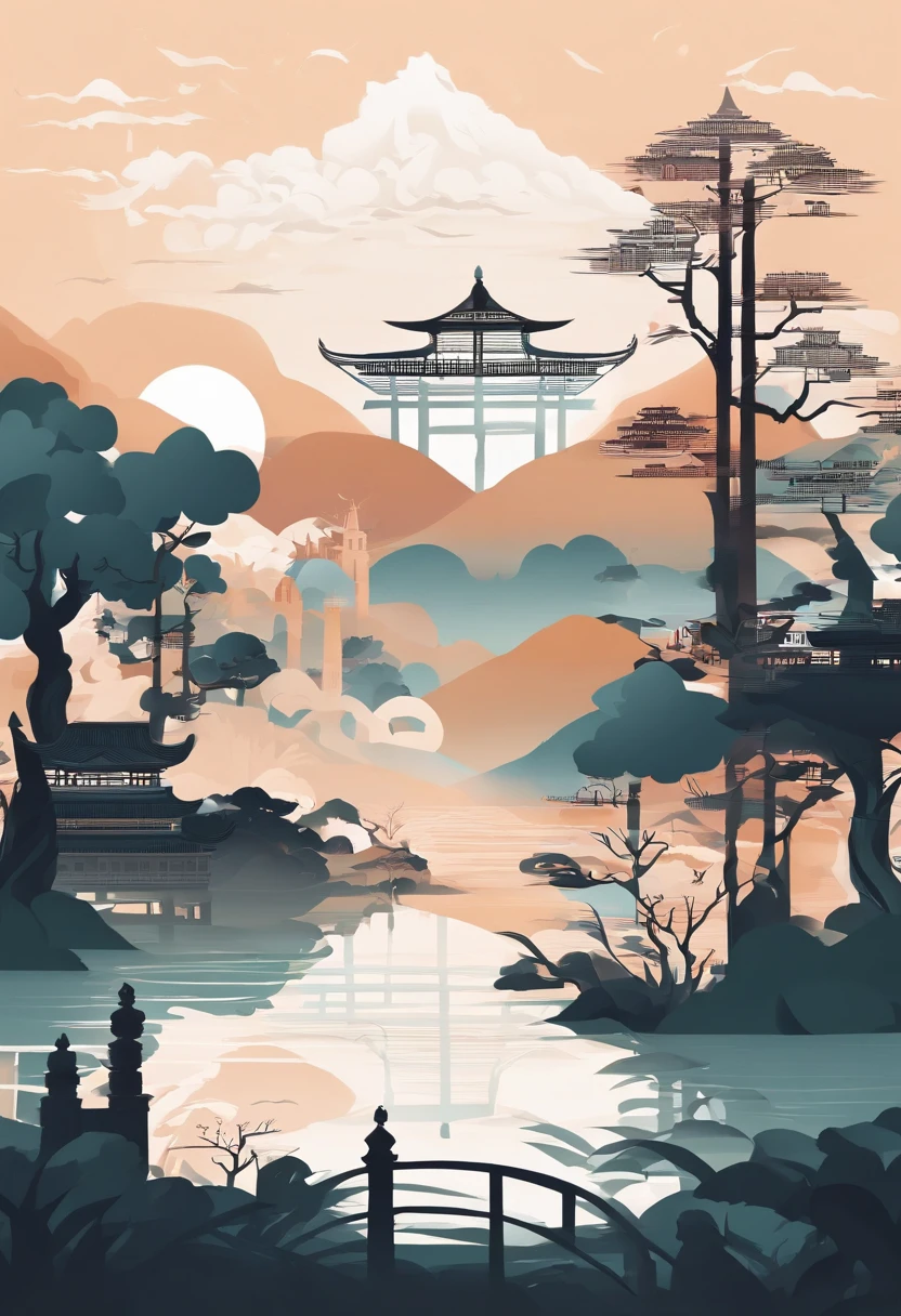 Ancient Chinese landscapes,ancient buildings,Pavilions,Carved beams and paintings,enchanting scenery,Inspired by Jin Yong martial arts,rays of sunshine,Ink painting style,clean color,Decisive cut,Leave white space,impressionistic,tmasterpiece,超詳細,Epic composition, high qulity, HighestQuali,