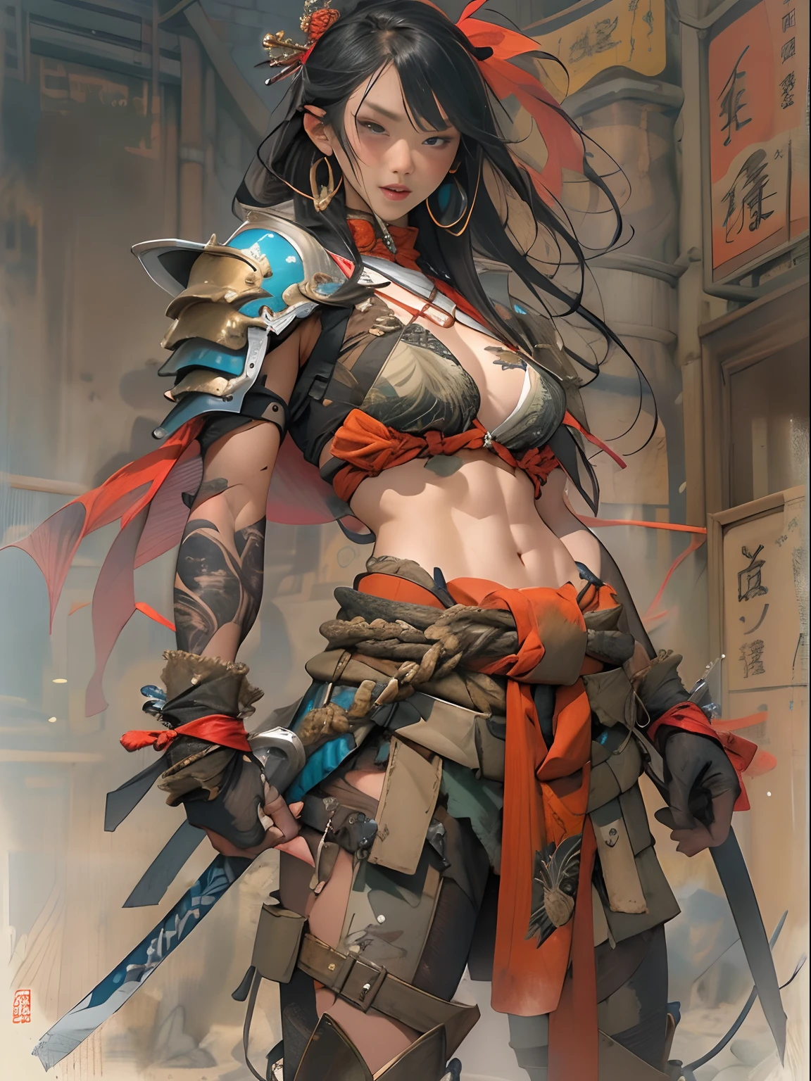 (((woman))), (((best qualityer))), (((tmasterpiece))), (((AS-Adult))), ((( Japanese ))), Look up from your knees, A beautiful asian samurai woman with perfect body, Modern samurai, ((( Asian))), Wear gloves on your hands，The left arm is made of steel and metal tips，Made of protective devices, The eyes are pulled, (( Appears below the breast )), (( Small dental floss )), Simon Bisley, Almost naked（Simon Bisley）Castle City Wilderness，For high-resolution posters, hair straight, Minimum clothing, armure (Crazy clothes ), Full of tips and rivets, tribal tattoos, (((full bodyesbian))), Straight brunette hair，Colored hair ends