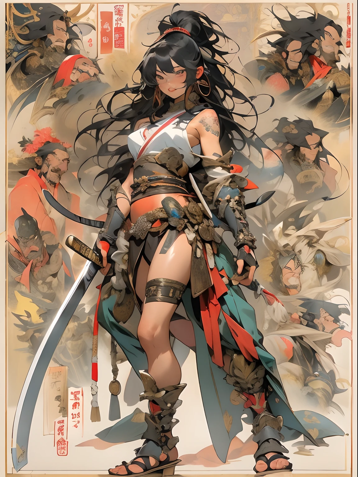 (((woman))), (((best qualityer))), (((tmasterpiece))), (((AS-Adult))), ((( Japanese ))), Look up from your knees, A beautiful asian samurai woman with perfect body, Modern samurai, ((( Asian))), Wear gloves on your hands,The left arm is made of steel and metal tips,Made of protective devices, The eyes are pulled, (( Appears below the breast )), (( Small dental floss )), Simon Bisley, Almost naked(Simon Bisley)Castle City Wilderness,For high-resolution posters, hair straight, Minimum clothing, armure (Crazy clothes ), Full of tips and rivets, tribal tattoos, (((full bodyesbian))), Straight brunette hair,Colored hair ends