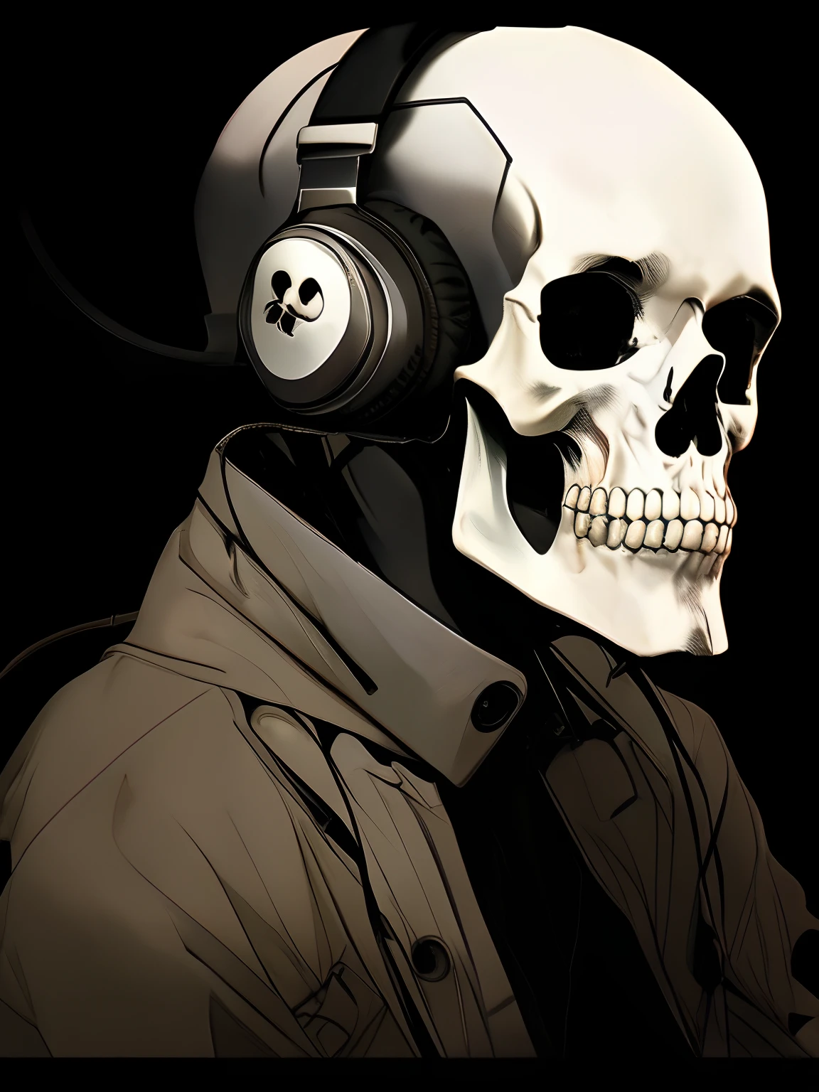 art, headphones, man, skull, bones, minimalism, no hair, headphones, letterboxed, skull, solo, 1boy, male focus, skeleton, white background, simple background, jacket, upper body, monochrome