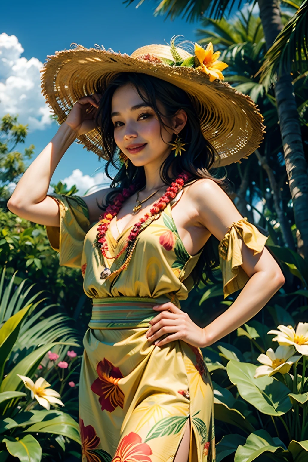 A woman who is a beautiful smiling, native Hawaiian hula woman, holding a flower to her nose, background is a tropical garden, mood is delicate, sensitive, loving, happy, daytime light, character design