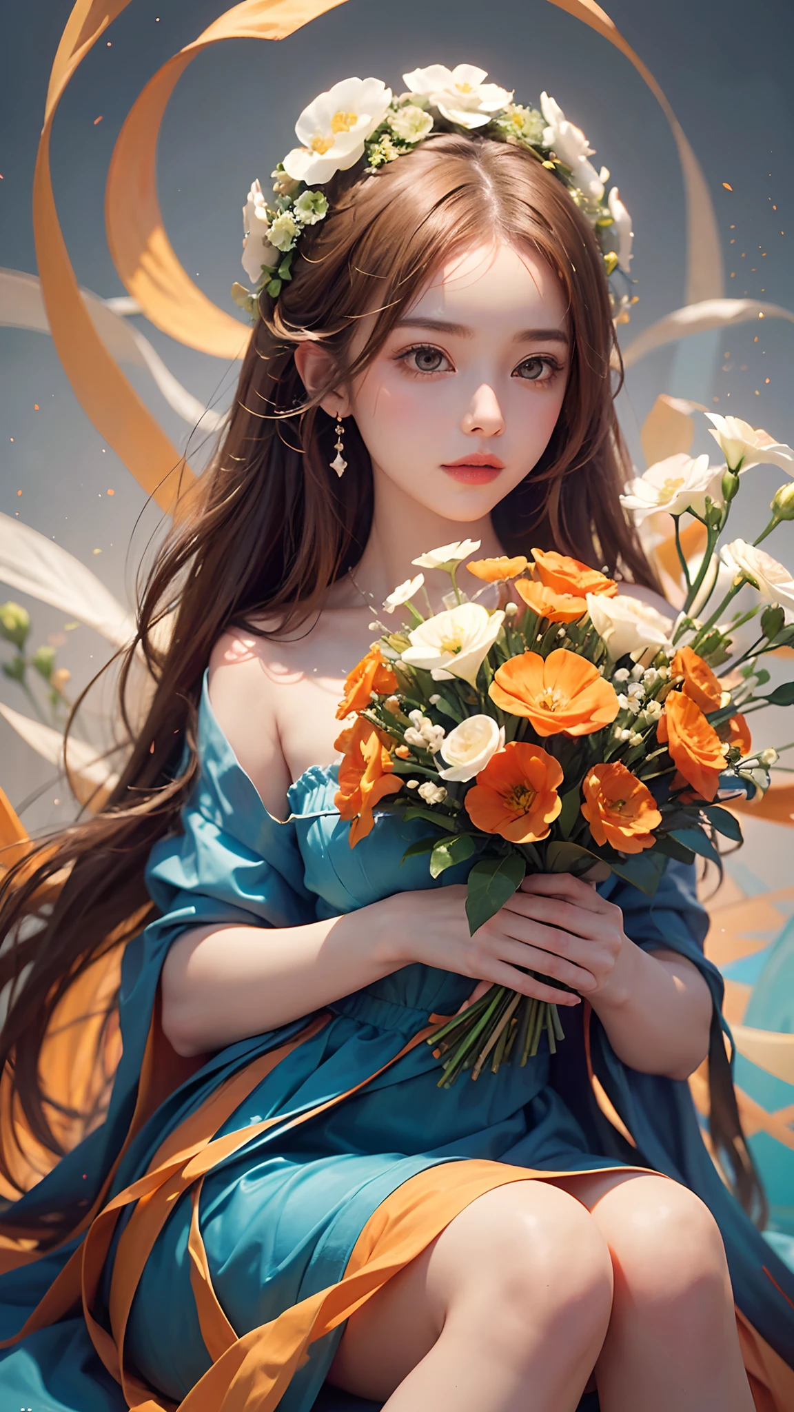 1girl, long hair, flower, Lisianthus, in the style of orange and light azure, dreamy and romantic compositions, orange, ethereal foliage, playful arrangements, fantasy, high contrast, ink strokes, explosions, over exposure, orange and white tone impression, abstract, attractive pose, sitting,