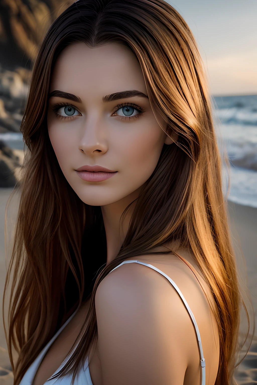 Photography of a stunning girl, Tragen eines tief ausgeschnittenen Oberteils, (((sehr schwere Oberweite))), gewelltes Haar, Auf Felsen sitzen, am Strand, schaut in die Kamera, Symmetrische Augen, symmetrisches Gesicht, fotorealistisch, Fotografie, Pfadverfolgung, Spiegelnde Beleuchtung, Volumetrisches Gesichtslicht, Pfad nachgezeichnetes Haar, Sichtbare Schatten, kompliziert, Aufwendig, Hyperrealistisch