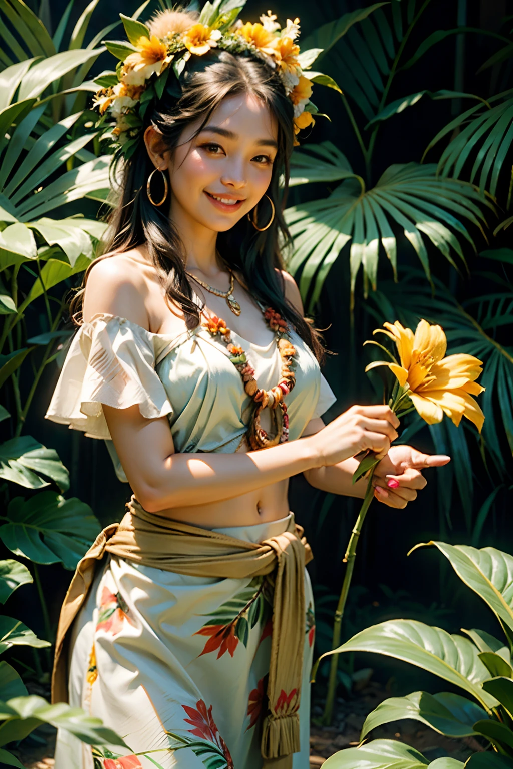 A woman who is a beautiful smiling, native Hawaiian hula woman, holding a flower to her nose, background is a tropical garden, mood is delicate, sensitive, loving, happy, daytime light, character design