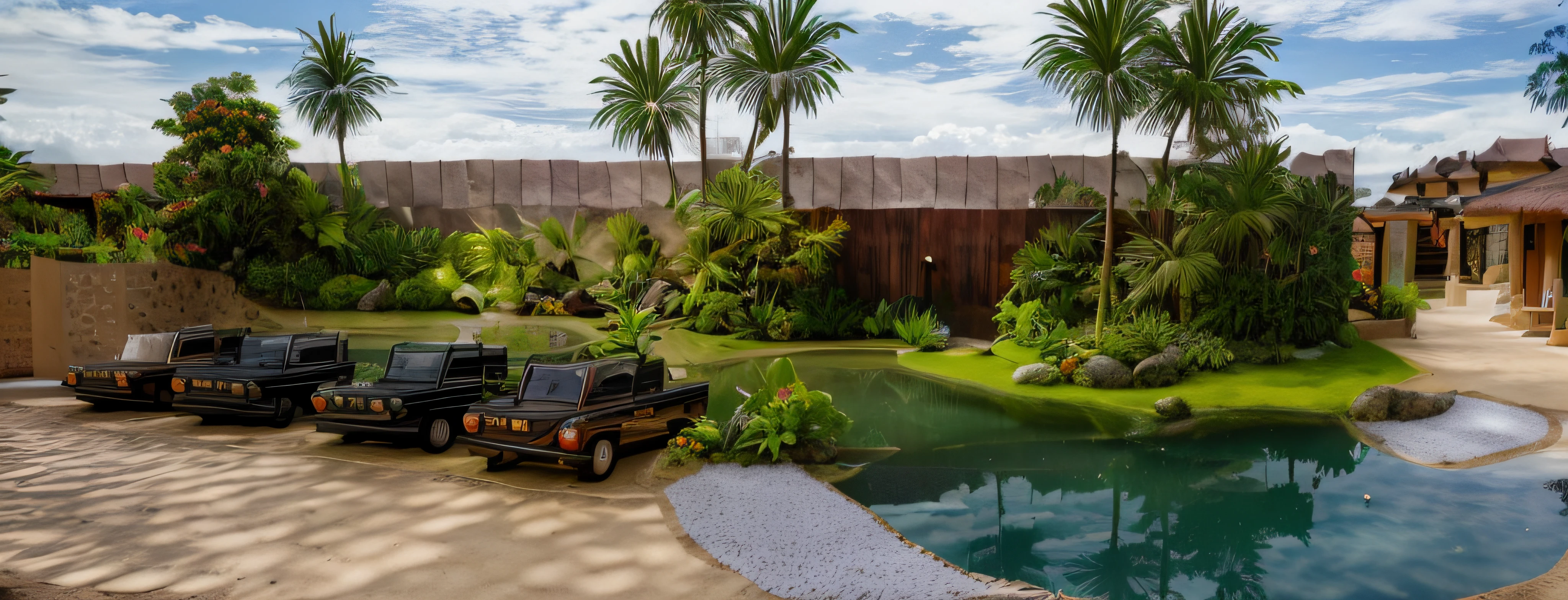 RAW photo,Masterpiece, high quality, best quality, authentic, super detail, 8k uhd, dslr, high quality,exterior,resort,philippines resort,bali living,nature,(miniature stream scene),On the right is a fence with climbing plants ,(create special projects:1.5)
(day:1.1), vivid colour, vray