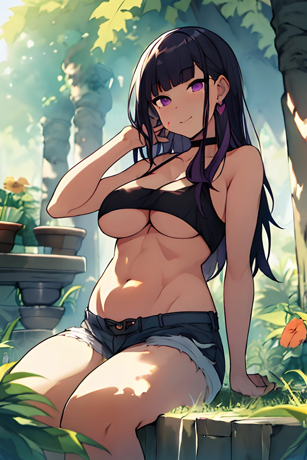 (watercolor:1.2), ultra high res, adsurdres, vibrant colours, 1girl, solo, heart-shaped pupils, fingernails, (blush:1.1)(speed lines:1.1)((heavy breathing:1.3)) purple long hair, purple eyes, smug face, choker, cute top, revealing, shoulder cut dress, shoulders visible, cleavage visible, (underboobs visible), underboobs, midriff, abs, light muscles, bloated abs, bulging abs, bloated belly, bulging belly, bloated belly with a silhouette of visible abs, round belly, slim waist, thin back, accurate lower belly, panty strings, shorts, thighs, clean body, sexy pose, aroused, arousing, background is an alley in a garden, detailed sunlight, sitting, dappled sunlight, day, depth of field, plants, summer, (dutch angle), kipteitei