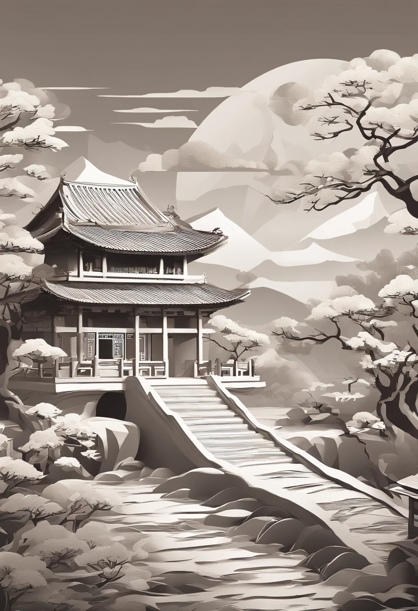 Ancient Chinese landscapes，Ancient buildings，Pavilions，Carved beams and paintings，enchanting scenery，Inspired by Jin Yong martial arts，rays of sunshine，Ink painting style，clean color，Decisive cut，Leave white space，impressionistic，tmasterpiece，超詳細，Epic composition, high qulity, HighestQuali，