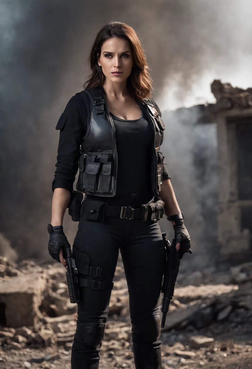 "(best quality,4k,8k,highres,masterpiece:1.2),ultra-detailed,(realistic,photorealistic,photo-realistic:1.37),portrait,semi-stylized,high contrast,gritty,monochrome,dark atmosphere,female version,The Punisher,skull logo,full body,standing,focused eyes,determined expression,fit physique,body armor,black leather jacket,bulletproof vest,combat boots,holding dual pistols,tactical gloves,background of demolished city ruins,smoke and debris,backlit with a single spotlight,dramatic lighting"