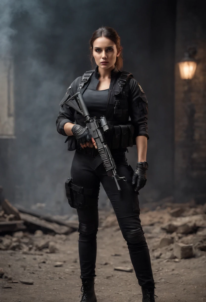 "(best quality,4k,8k,highres,masterpiece:1.2),ultra-detailed,(realistic,photorealistic,photo-realistic:1.37),portrait,semi-stylized,high contrast,gritty,monochrome,dark atmosphere,female version,The Punisher,skull logo,full body,standing,focused eyes,determined expression,fit physique,body armor,black leather jacket,bulletproof vest,combat boots,holding dual pistols,tactical gloves,background of demolished city ruins,smoke and debris,backlit with a single spotlight,dramatic lighting"