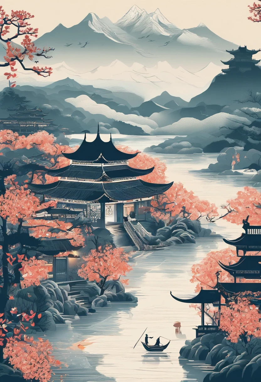 Ancient Chinese landscapes，Ancient buildings，Pavilions，Carved beams and paintings，enchanting scenery，Inspired by Jin Yong martial arts，rays of sunshine，Ink painting style，clean color，Decisive cut，Leave white space，impressionistic，tmasterpiece，超詳細，Epic composition, high qulity, HighestQuali，