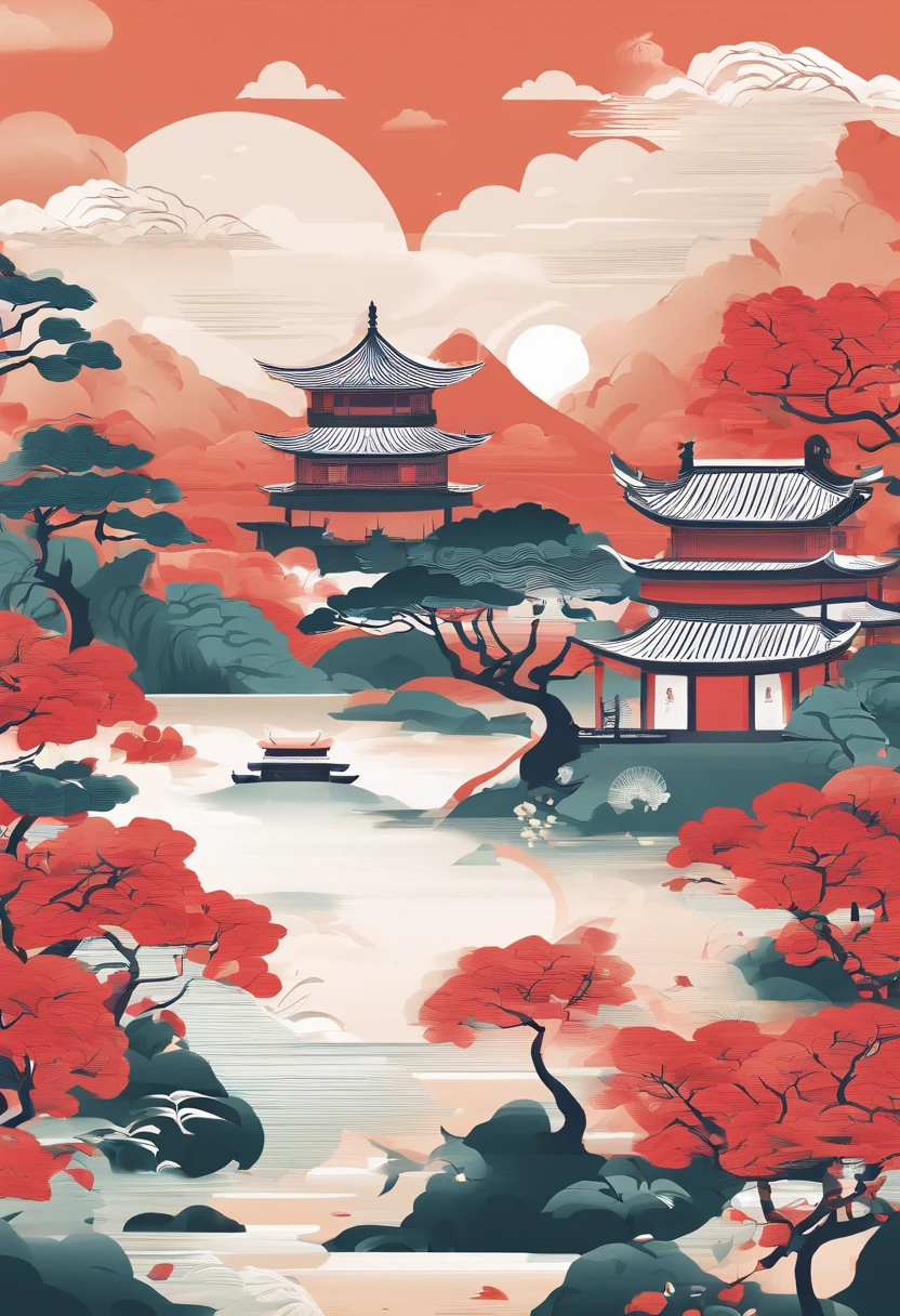 background depicting a temple， oriental wallpaper， Chinese landscape， Japanese Landscape， Chinese style， japanese art art， Japanese style painting， Ancient Chinese architecture， Chinese architecture，Pure blue sky，Beautiful tree，Red-blue tones，Figurative characters，Pine trees have details，The pavilion becomes smaller