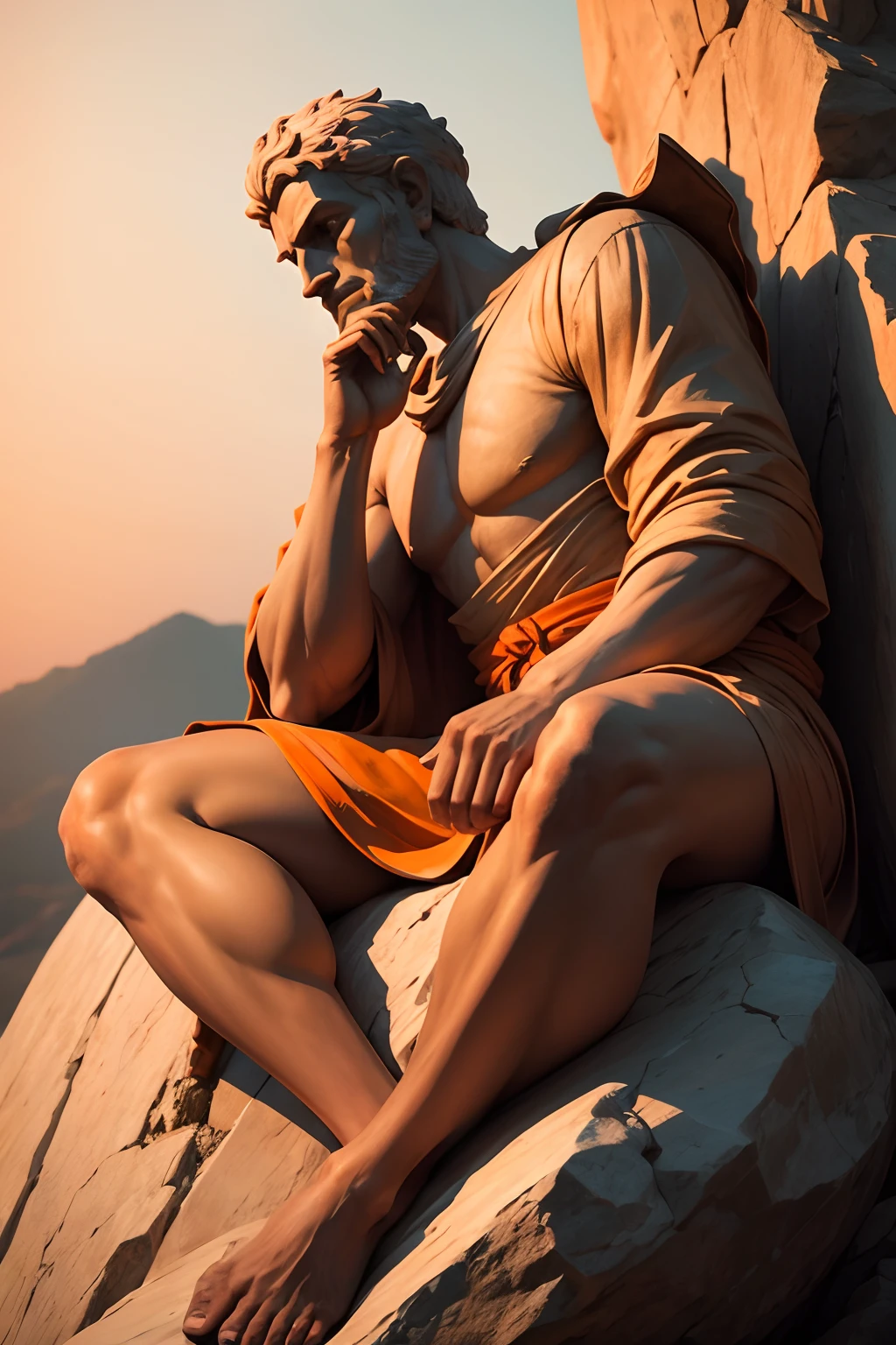A statue of the Stoic thinker Seneca with his hand on his chin, em forma de pensamento, sentado em uma rocha. Seneca's position must be of profile, ou seja, de lado e mostrando, ao fundo, as paredes de um templo. Make the image with shades of brown and dark orange. Make the image of full body sitting on a rock.