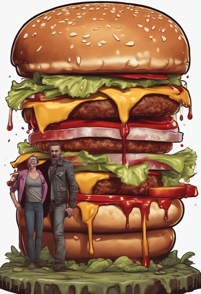Zombie stands next to a large burger that drips blood, Os Mortos-Vivos, negan cara de zumbi, Hamburgueria, sangue, Realistic, logotipo, 8K illustration, fundo branco