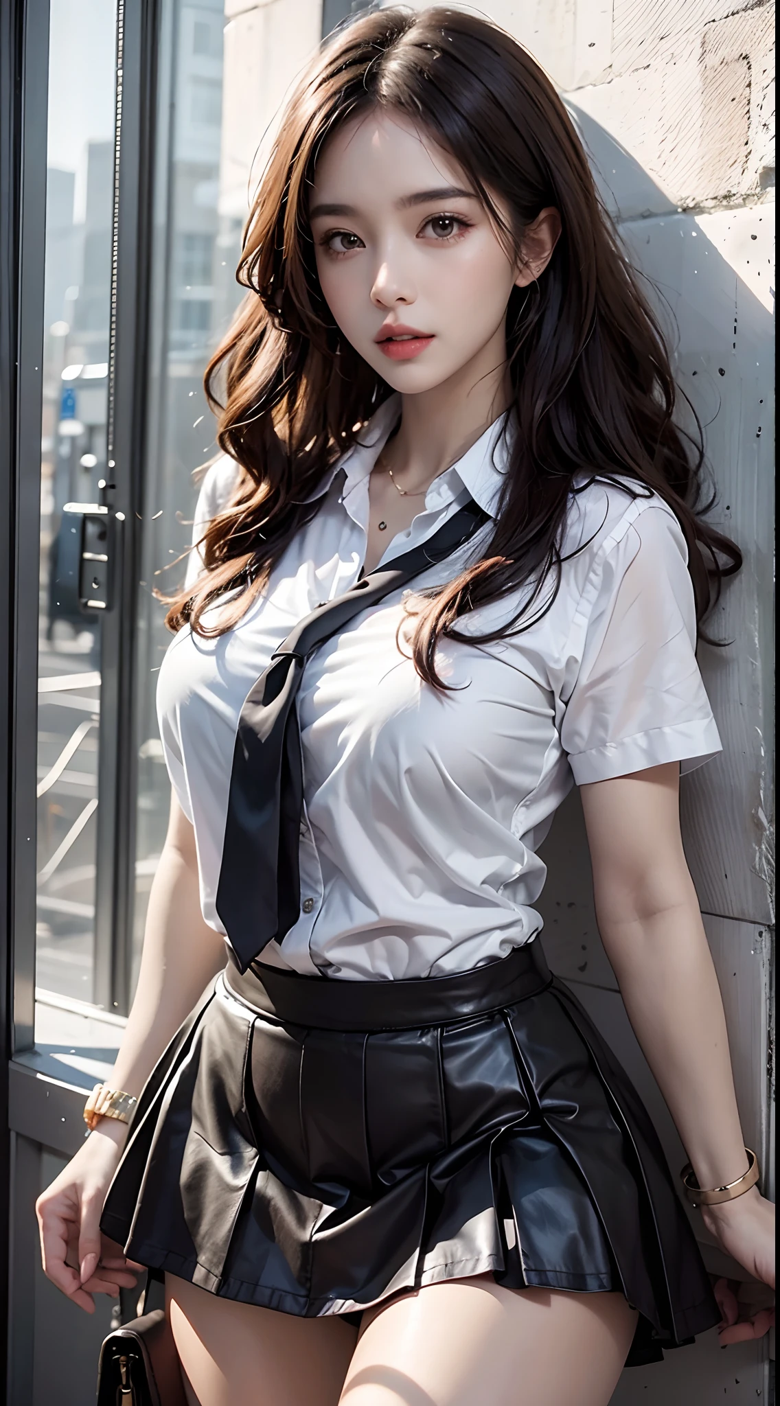 photorealistic, high resolution, 1women, mature female, solo, hips up, look at viewer, (detailed face), wavy hair, long hair, school uniform, mini skirt