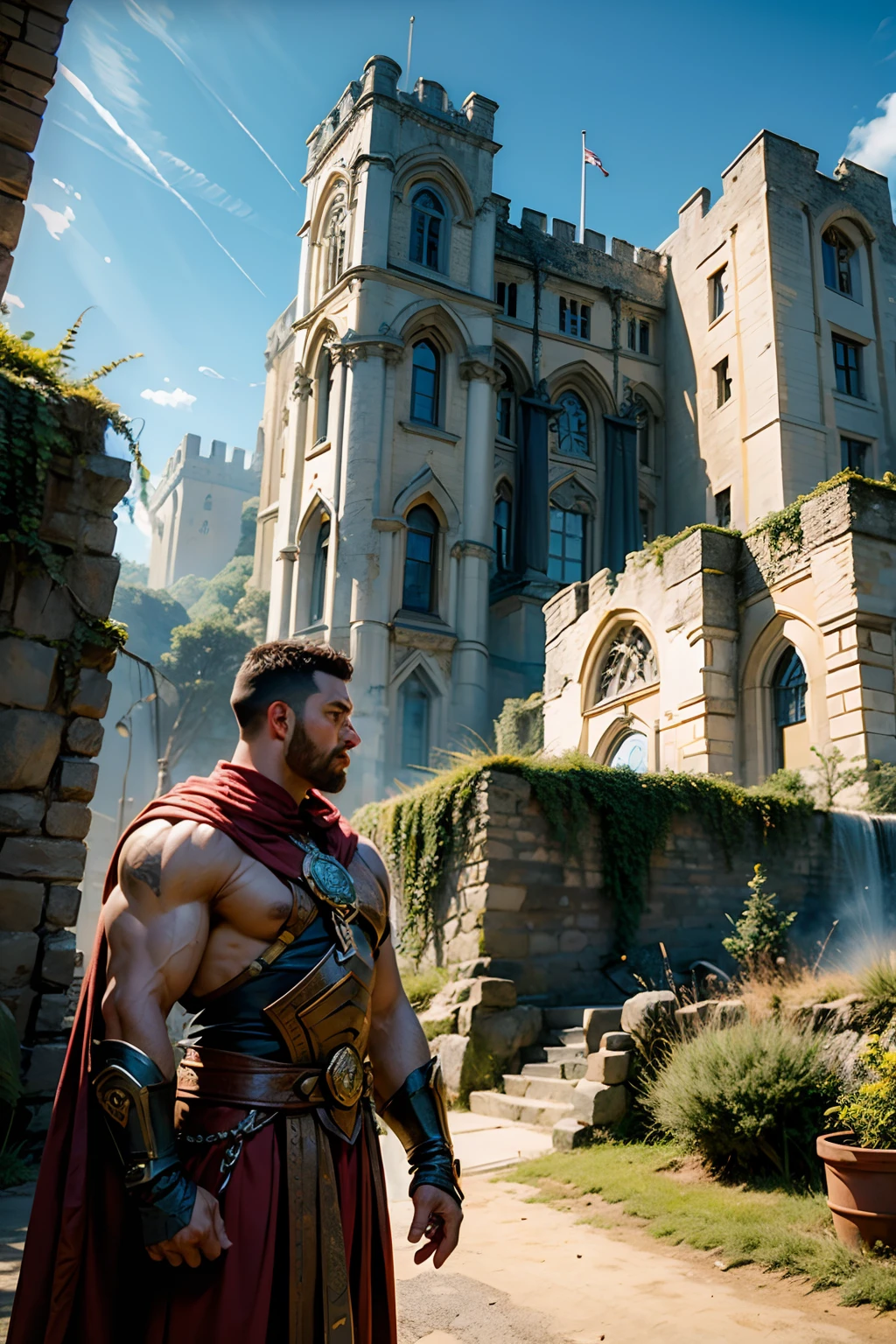 A man who is a heroic muscular man, holding a building brick, background is a castle wall, with distant mountains, mood is strength, enterprise, bravery, power, daytime light, character design