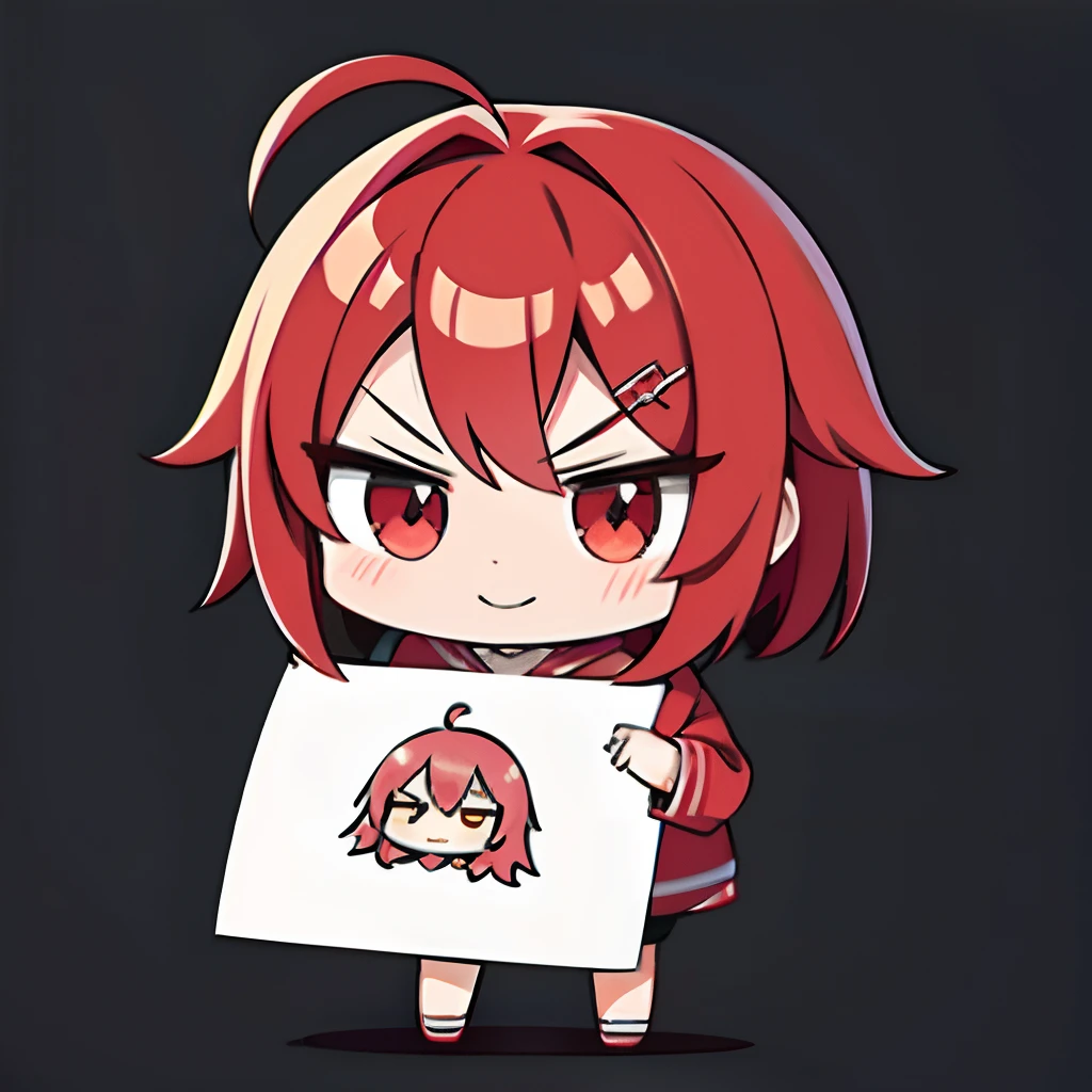 超A high resolution, Best aesthetic, Top quality depiction of the foot, Wearing a hoodie,  Red hair, Flat Avatar,  Anime visuals of cute girls, Cute art style, Chibi,  Shorthair, Ahoge, is shy, A smile, Peony hair ornament,drawing on paper,  simple background, 耳环, jewely, side locks, large red oval eyes,Angry、Oval eyes,Angry、red hairs、Chibi