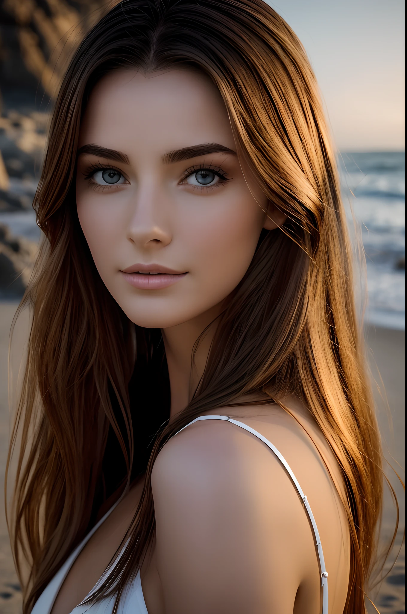 Photography of a stunning girl, Tragen eines tief ausgeschnittenen Oberteils, (((sehr schwere Oberweite))), gewelltes Haar, Auf Felsen sitzen, am Strand, schaut in die Kamera, Symmetrische Augen, symmetrisches Gesicht, fotorealistisch, Fotografie, Pfadverfolgung, Spiegelnde Beleuchtung, Volumetrisches Gesichtslicht, Pfad nachgezeichnetes Haar, Sichtbare Schatten, kompliziert, Aufwendig, Hyperrealistisch