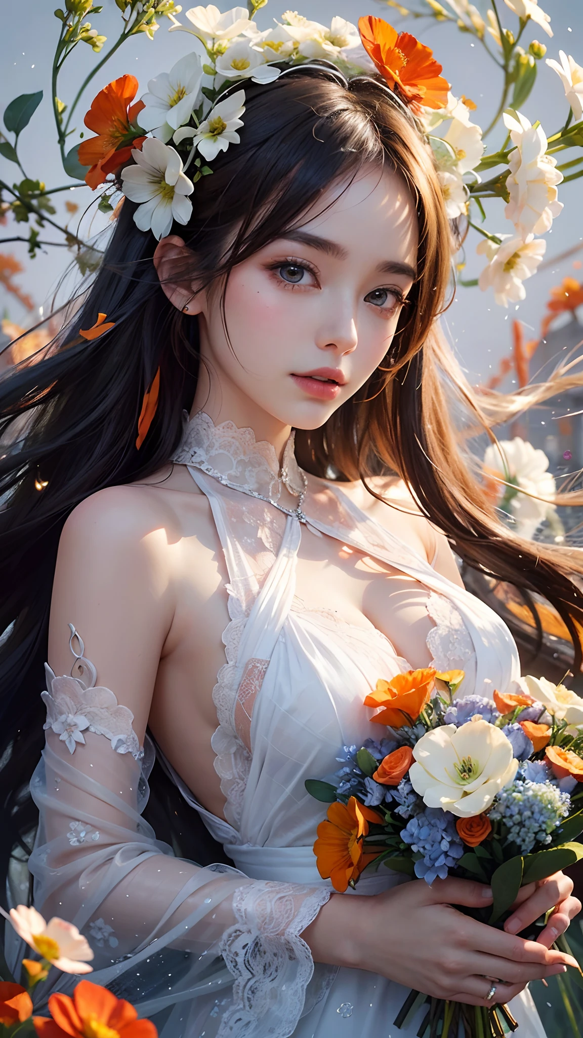 1girl, long hair, flower, Lisianthus, in the style of orange and light azure, dreamy and romantic compositions, orange, ethereal foliage, playful arrangements, fantasy, high contrast, ink strokes, explosions, over exposure, orange and white tone impression, abstract, attractive pose,