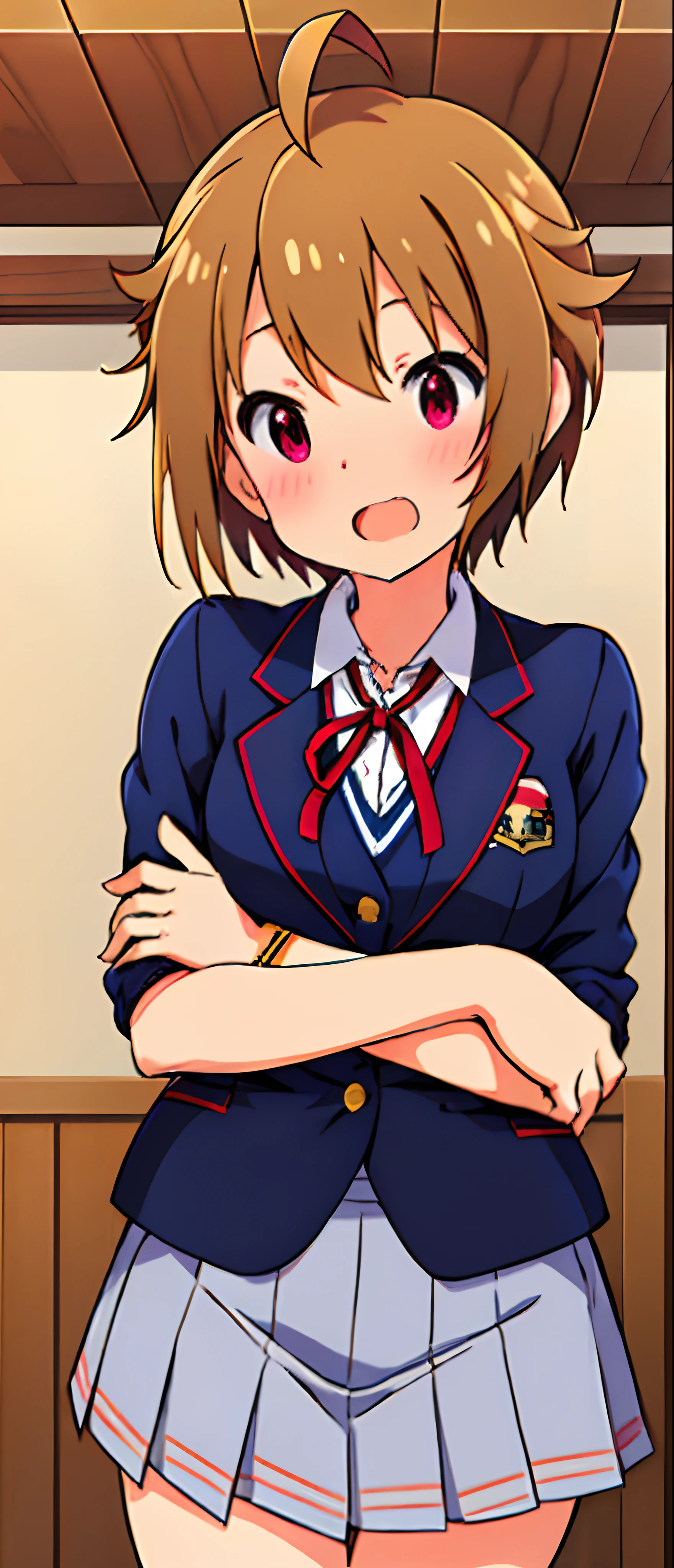 mirai kasuga (million live), (best quality, 8K, masterpiece, ultra detailed:1.2), a female, yo, solo, red ribbon tie, navy blue blazer, gray pleated skirt, (body shot), small breasts, half open mouth,5 finger,look down,embarrassed,panty
