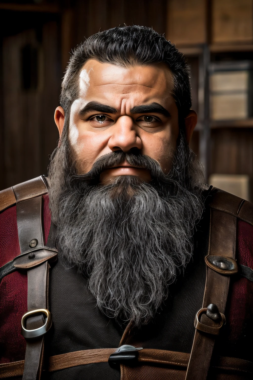 a 30-year-old dwarf of average height, com barba robusta, typical of his race. His eyes are black, profundos e expressivos, usually reflecting their determination. He wears practical work clothes, com um avental sujo de fuligem de metalurgia, e carrega ferramentas de engenharia em sua cintura.