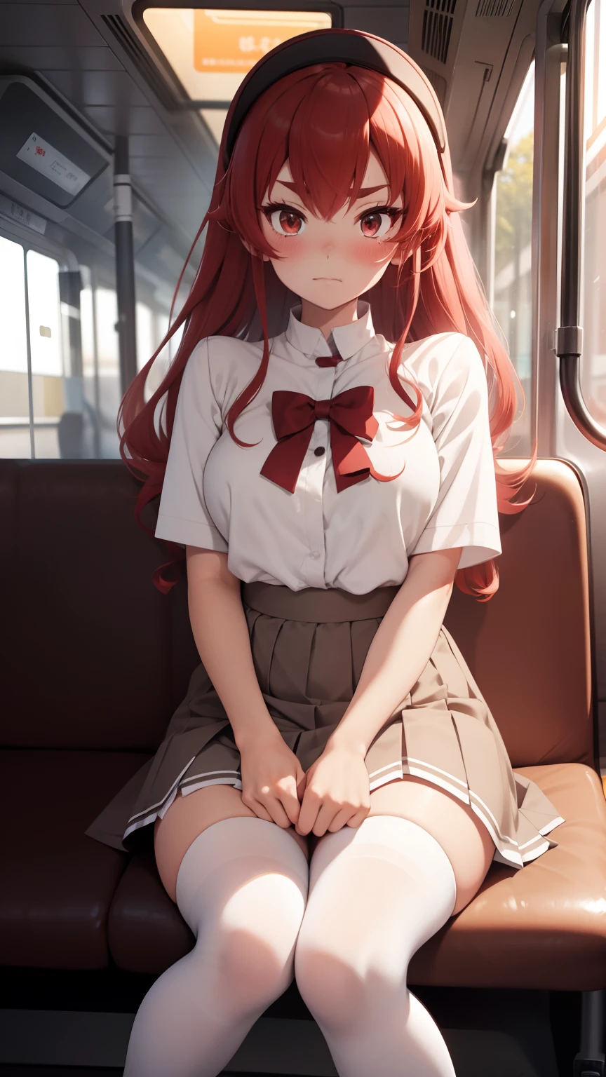 embarrassed, blushing, shows white panties,white stockings, lifts her skirt with one hand, panties peeking out from under your skirt., spread-legged position in train seat, knees apart, red hair,  　school  uniform　mini-skirts　Hi-Res　1girl in　Cute anime illustration