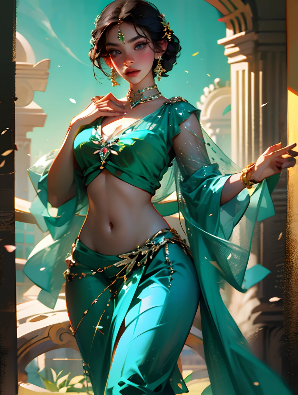 In a vibrant Spanish setting, a tango dancer captivates everyone with her energy and passion. Her fluid and expressive movements are enhanced by the traditional Spanish dress, which displays vivid colors and ornate details. Her curly hair falls softly over her shoulders, while her green eyes shine brightly.