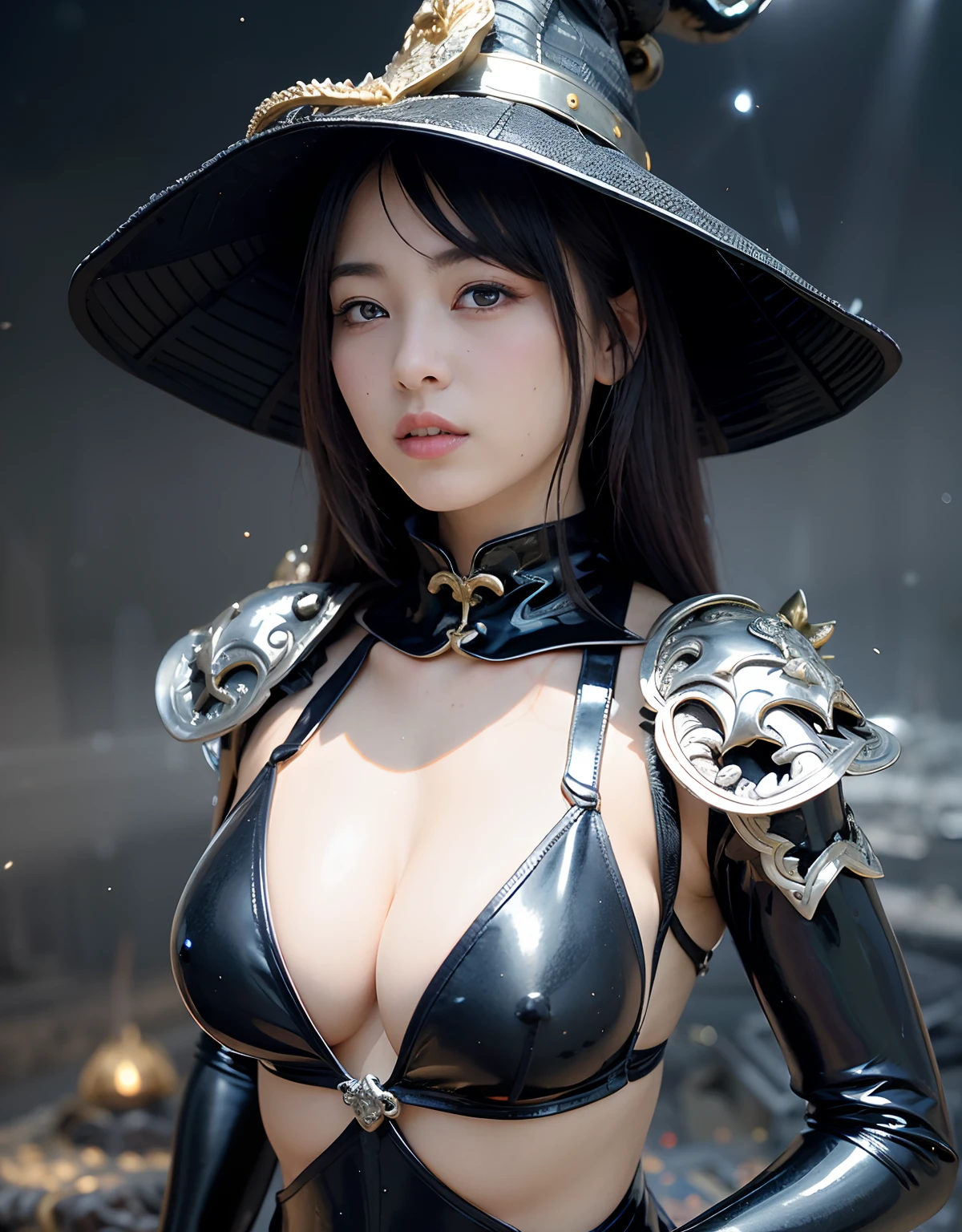 ((World of Darkness)),Professional , ​masterpiece、top-quality、photos realistic , depth of fields 、Golden Magic Wand、(((Fight dragons))),（Dragon Black Metal Body:1.9),(latex black-blue、（cleavage of the breast）,（Fight dragons）、、(((Particles of light))),（Micro Bikini Armor:1.7),Gorgeous gold weapons ,（Fight dragons）、Seductive look、The face of the dragon is out、（blood splattere、Armpit、（(((With a magic wand))), ） , (((Wearing a black latex wizard hat))),（demonic wings）   ,（（a blond））、（Castle background）、（（Gangle's forest background））、Beautiful Caucasian beauty、１a person、Armpit、dynamic ungle,(((Detailed Silver Dragon Wizard Hat)))、Smaller head、A smile、Castle background、Thin and beautiful female hands、cleavage of the breast、Soldier in iron armor on background、Mystical expression、Light Effects、intense fighting、Wind-effect、magic circles、With the legendary magic wand、Dragon's tail、explosions、Toostock、Toostock、(Beautuful Women),