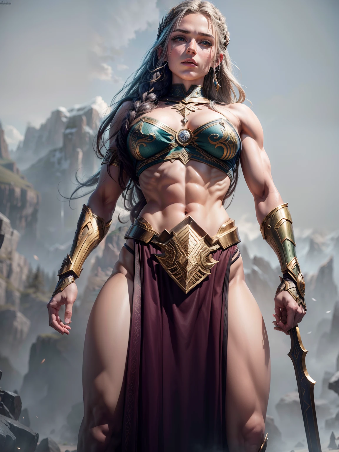 Asgard，valkyrie, mulher com corpo perfeito, com um corpo torneado e musculoso. Anatomia correta，epic fantasy digital art，tmasterpiece，8k，high-definition resolution，desenho detalhado，Qulidade Superior，, Epic composition