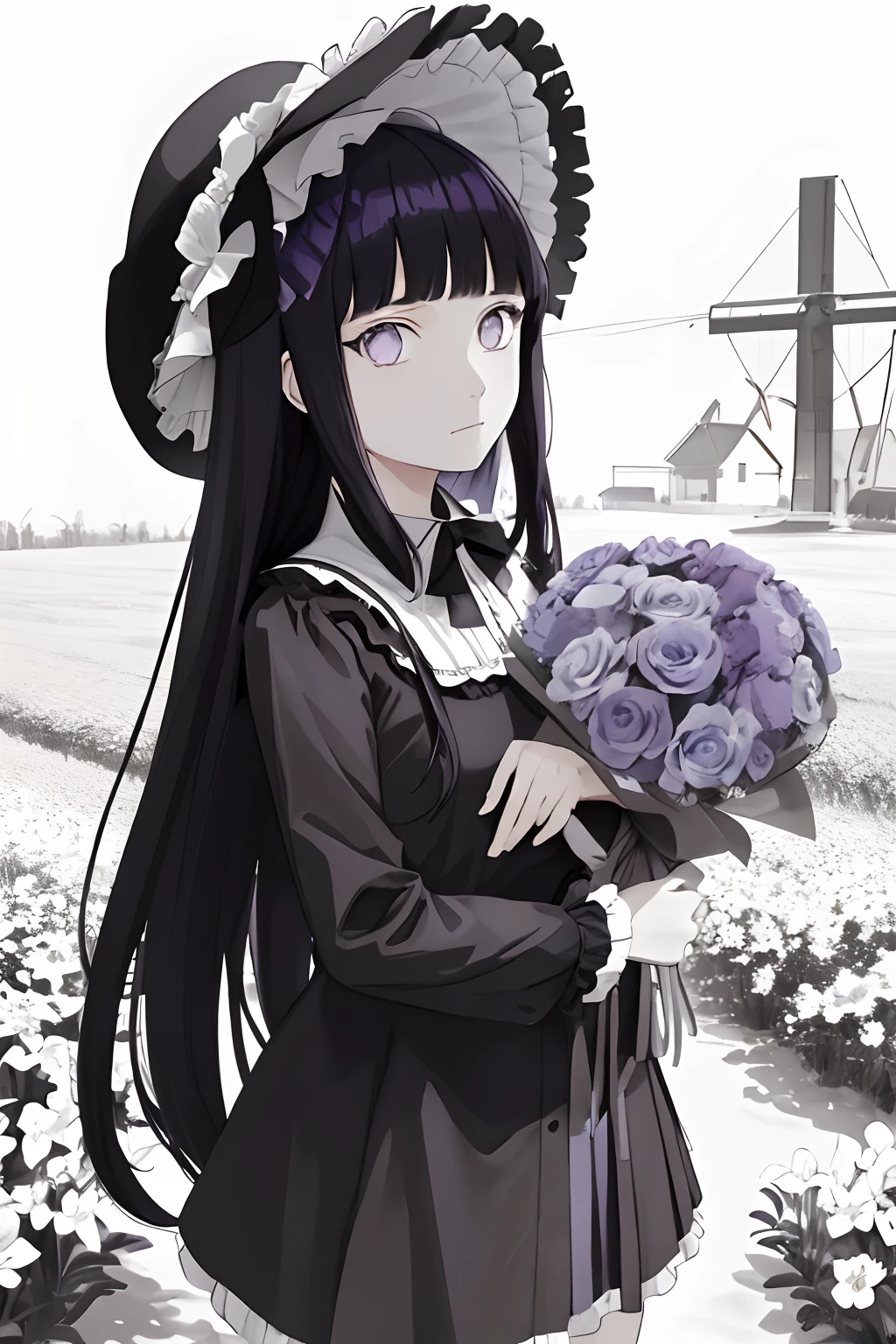 masterpiece, best quality, 1girl, solo, long_hair, looking_at_viewer, Blunt Bangs, purple eyes, dark blue hair, skirt, shirt, long_sleeves, hat, dress, bow, holding, closed_mouth, flower, frills, hair_flower, petals, bouquet, holding_flower, center_frills, bonnet, holding_bouquet, flower field, flower field, lineart, monochrome