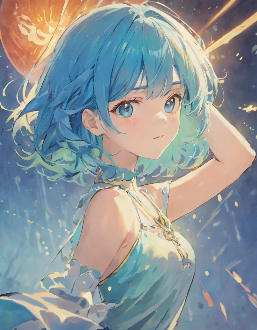 ((Best quality)), ((Masterpiece)), ((Realistic)) ，Ultra-detailed photography . She has ((Blue hair)), in a bikini，Exudes breath ((Beautiful and aesthetic)), Sexy,  Hot，frontage，short detailed hair