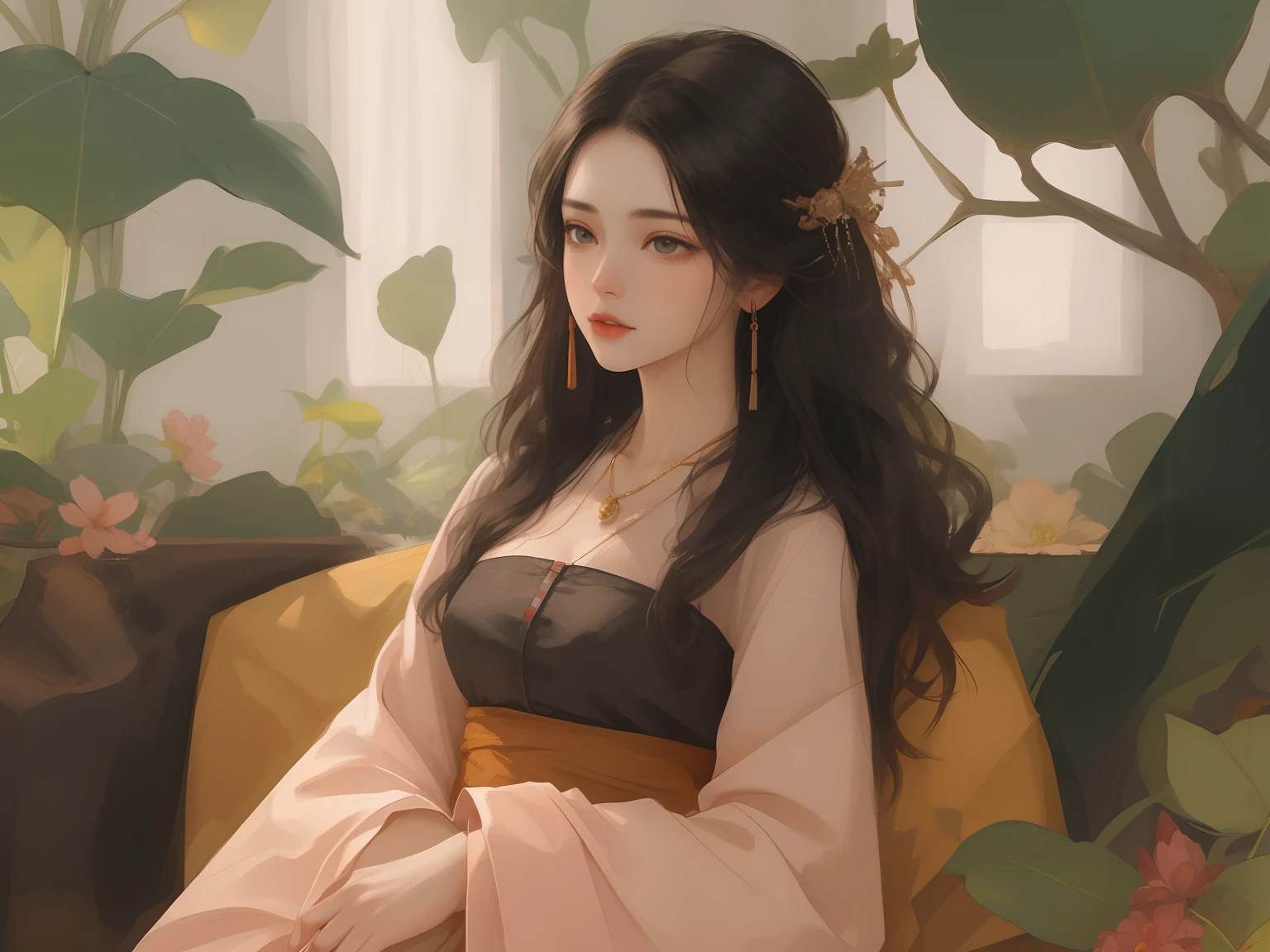 1 flat-chested girl,Close-up of upper body portrait,Flat and slim body,flatchest,Black color hair,floated hair,Hazy beauty,Extremely beautiful facial features,Burgundy embroidered tulle soft dress,with a hairpin on her head,Lie in white flowers,Surrounded by flowers,Perfect anatomy,(Skinny figure,flatchest),White flowers,(springtime, Rainy days, terraced, mountain ranges), Simple vector art, Contemporary Chinese art, the soft light,Overlooking