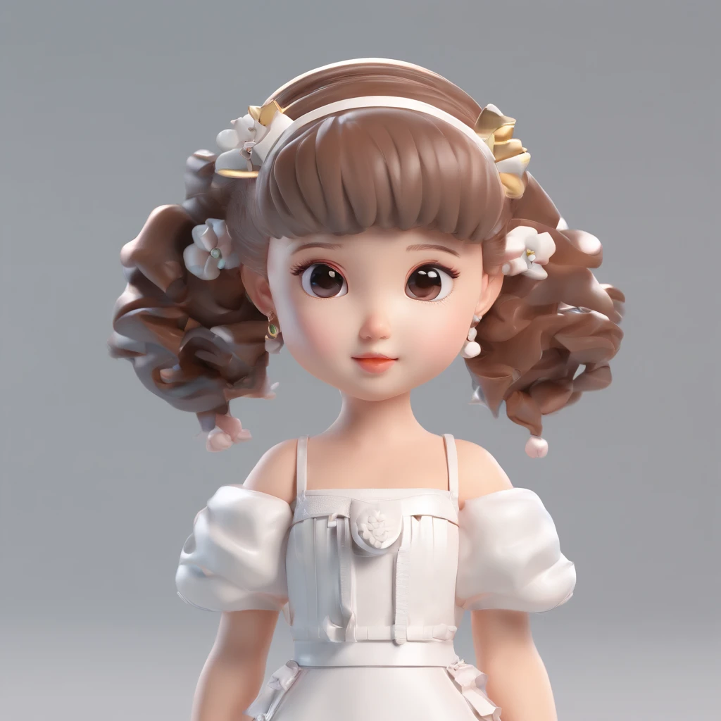 super cute girl IP by pop mart, Bright eyes, cherub,Little white dress, Clay, Models, a blind box toy, Glossy and delicate,Clean background, Good gloss, 3D rendering of,Best quality, mecha body