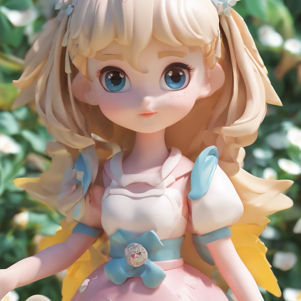 super cute girl IP by pop mart, Bright eyes, cherub,Little white dress, Clay, Models, a blind box toy, Glossy and delicate,Clean background, Good gloss, 3D rendering of,Best quality, mecha body
