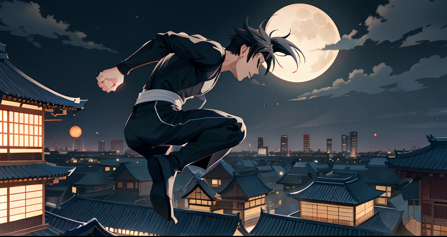 Man in black ninja outfit jumping across japanese style rooftops at night with full moon in background, glowing lanters in houses