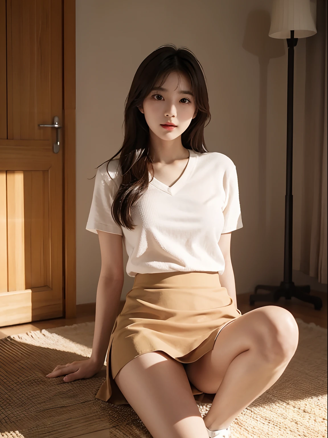 Korean girl, detailed woman face, nude, wearing short skirt, lifting skirt, showing pussy, sitting, looking at viewer, high quality, 8k