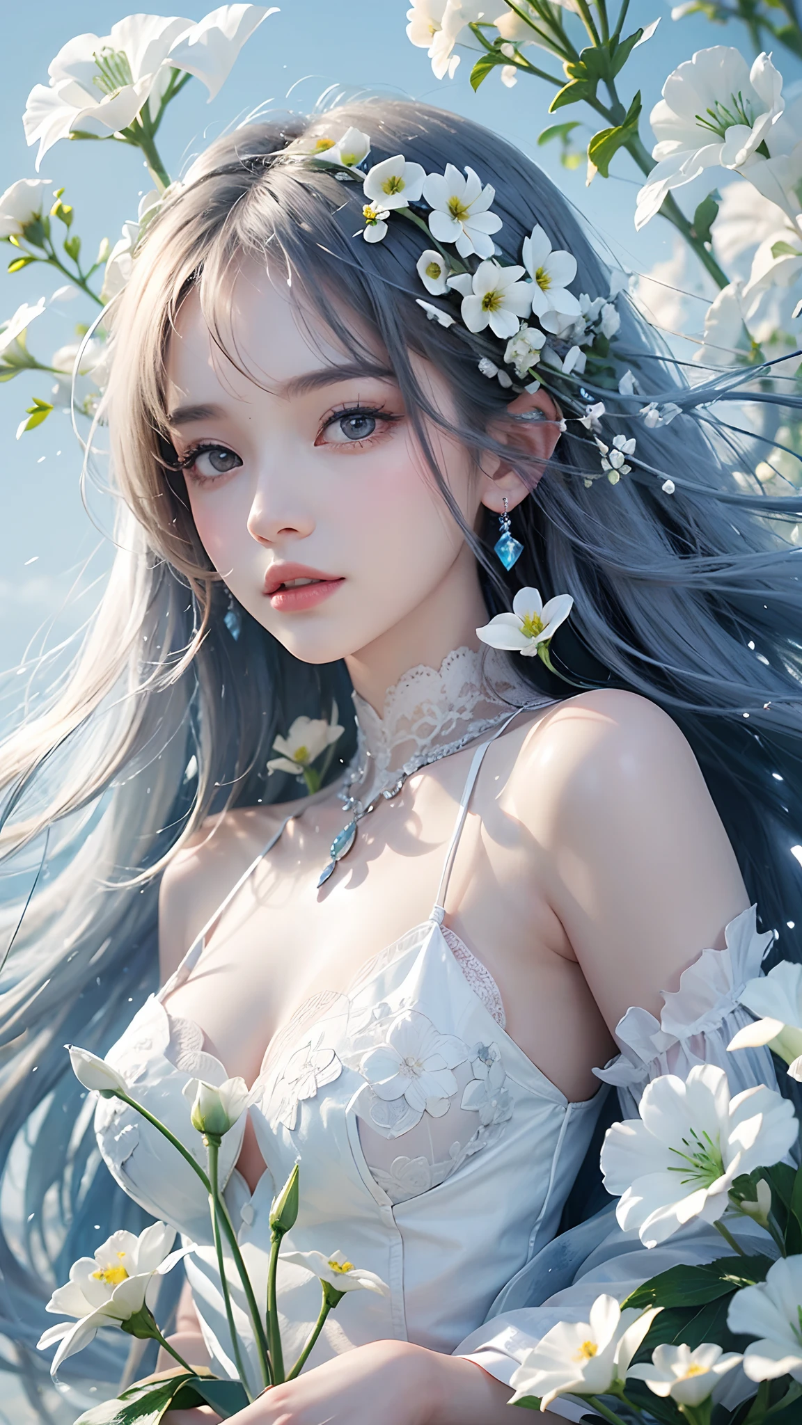 1girl, long hair, flower, Lisianthus, in the style of white and light azure, dreamy and romantic compositions, white, ethereal foliage, playful arrangements, fantasy, high contrast, ink strokes, explosions, over exposure, white and white tone impression, abstract, attractive pose,