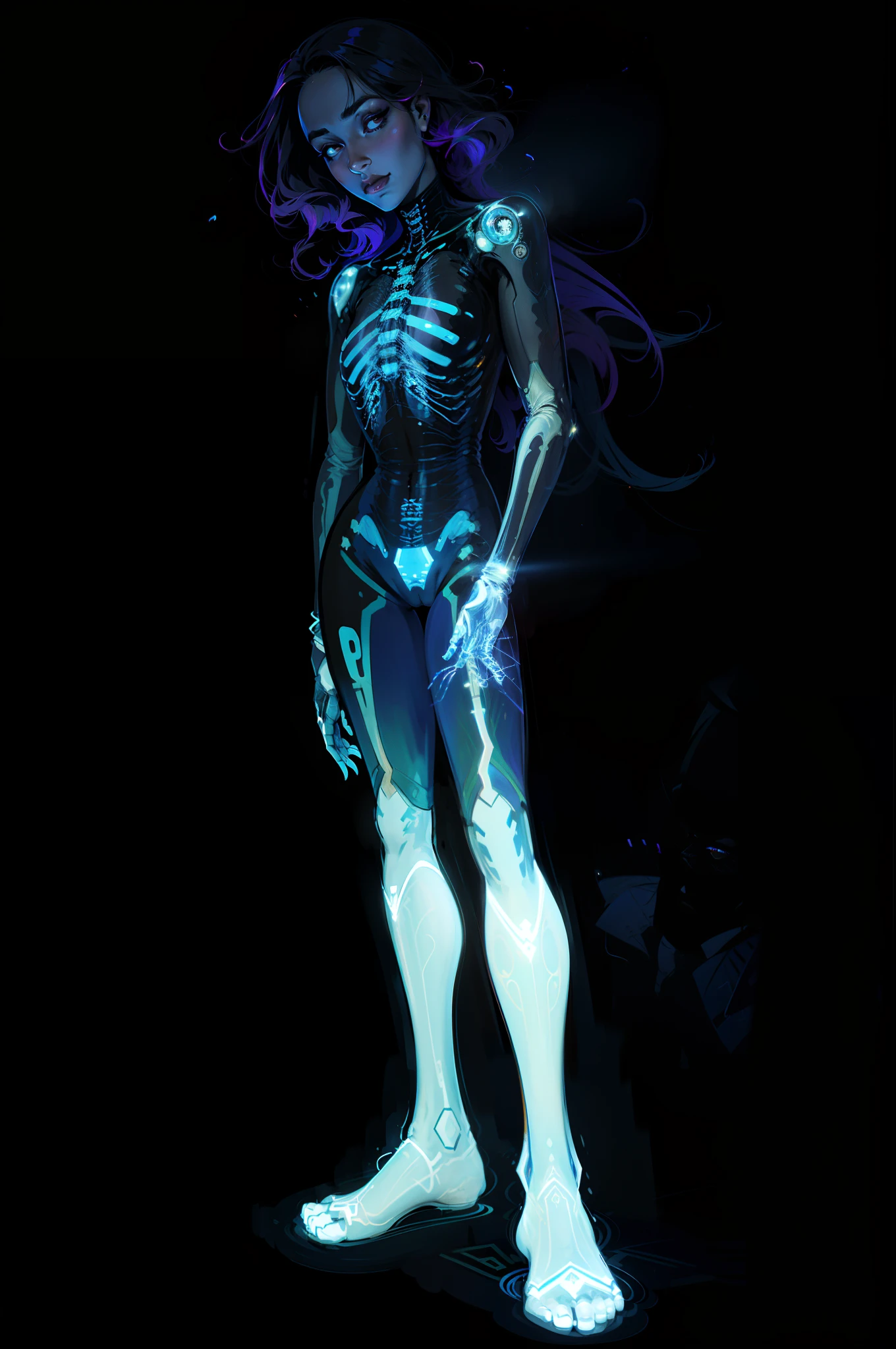 um close up de uma pessoa com um esqueleto em um fundo preto, brilho humano, arte de raio-x, ossos brilhantes, Xray, raio-x, raio X, x - raio, biomechanical x-ray, simple chromatic x-ray, menina do esqueleto, translucent sss xray, Raio-X HD, brilhando no escuro, esqueleto fino, Esqueleto, full length illustration