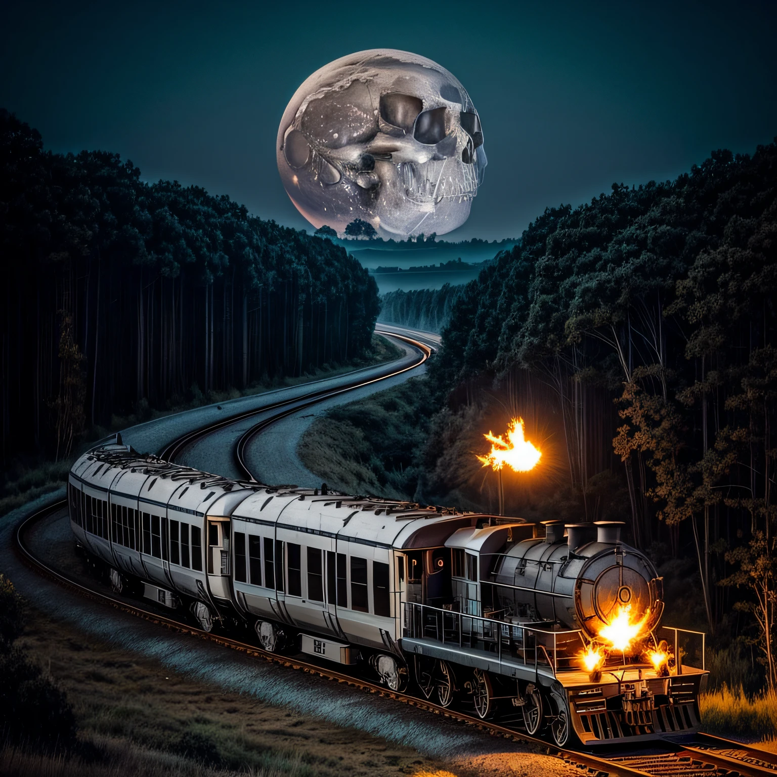 Human Skull train made of bones on a bone railroad, human skulls+++, human bones+++, creepy+++ horror+ made from bones, on fire, moon light, eerie+, beeple.