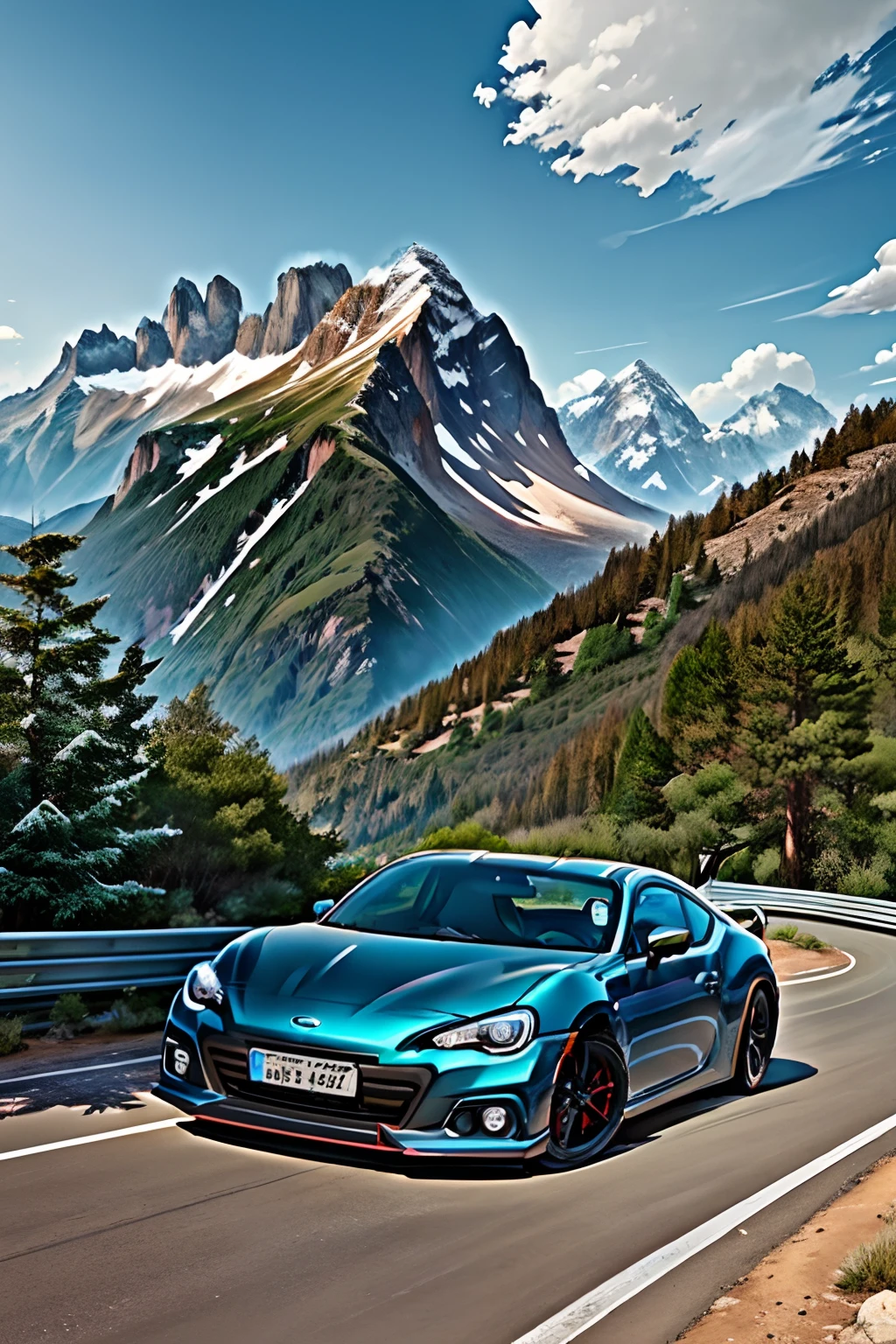 A blue Subaru BRZ is parked on a mountain road. The sky is clear blue and the sun is shining. The mountains in the background are green and lush. The car is shining in the sun and looks ready for a race