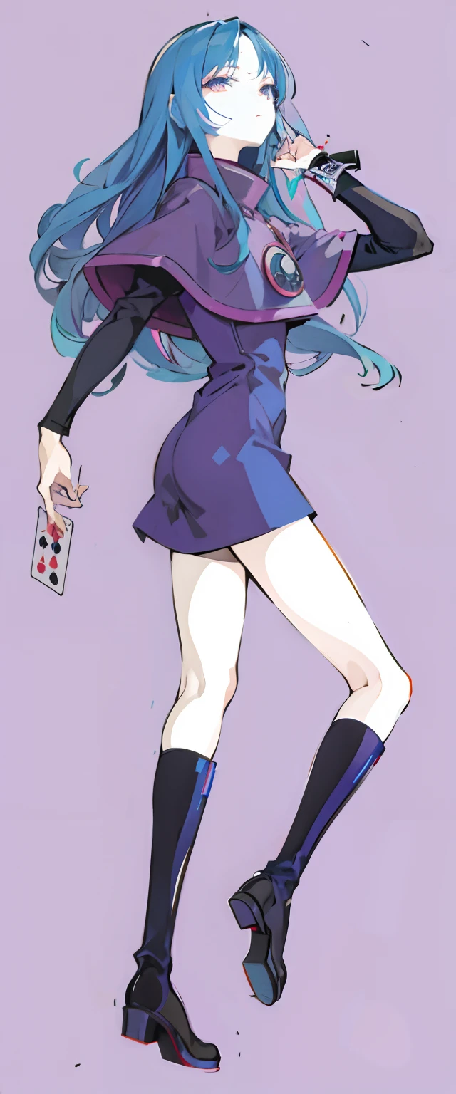 Long blue hair、Anime girl with black boots, !!Full body portrait!!, Full body!,  anime woman fullbody art, full body portrait of a short!, anime full body illustration, she has purple hair, portrait of a full body, sona is a slender, 2 d anime style、Anime in retro style、Playing cards in hand