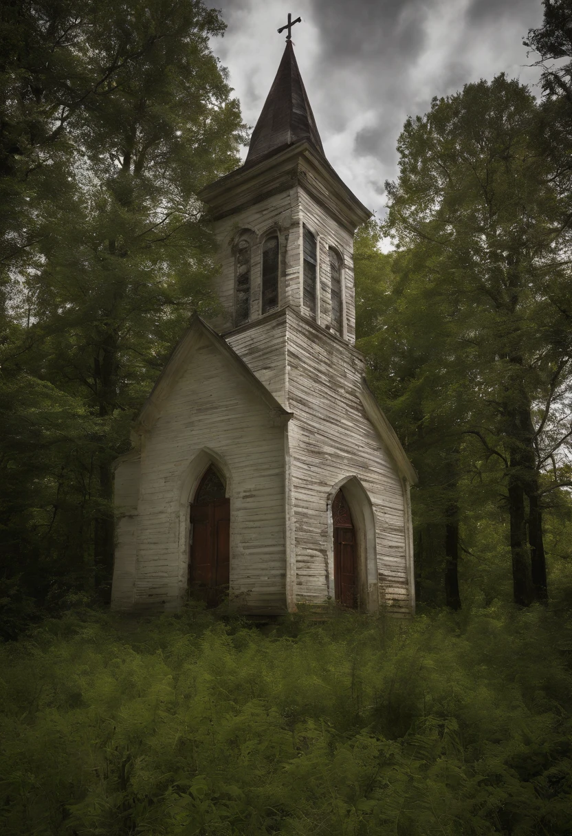 "Paint a verbal picture of an abandoned church standing alone in the midst of a remote and eerie forest. Describe the exterior of the church, capturing the effect of time and neglect on its architecture. Highlight the overgrown surroundings, cracked windows, sagging roof, and any other features that illustrate the passage of years and the encroachment of nature. Convey a sense of isolation and mystery, as if the church holds secrets that the surrounding forest is unwilling to reveal."
