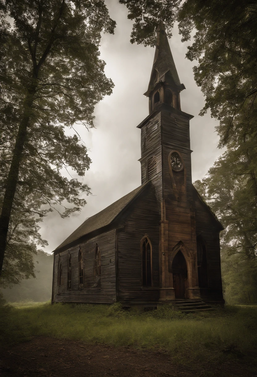 "Paint a verbal picture of an abandoned church standing alone in the midst of a remote and eerie forest. Describe the exterior of the church, capturing the effect of time and neglect on its architecture. Highlight the overgrown surroundings, cracked windows, sagging roof, and any other features that illustrate the passage of years and the encroachment of nature. Convey a sense of isolation and mystery, as if the church holds secrets that the surrounding forest is unwilling to reveal."