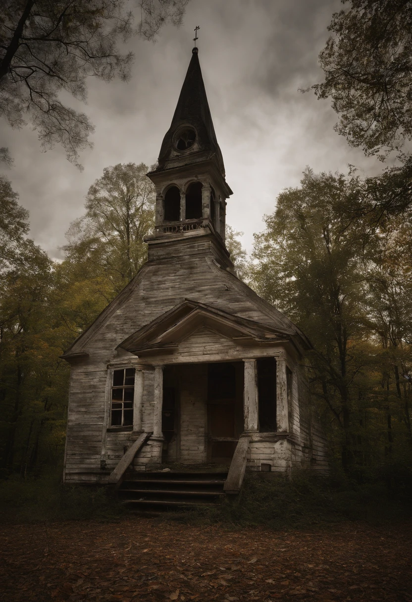 "Paint a verbal picture of an abandoned church standing alone in the midst of a remote and eerie forest. Describe the exterior of the church, capturing the effect of time and neglect on its architecture. Highlight the overgrown surroundings, cracked windows, sagging roof, and any other features that illustrate the passage of years and the encroachment of nature. Convey a sense of isolation and mystery, as if the church holds secrets that the surrounding forest is unwilling to reveal."