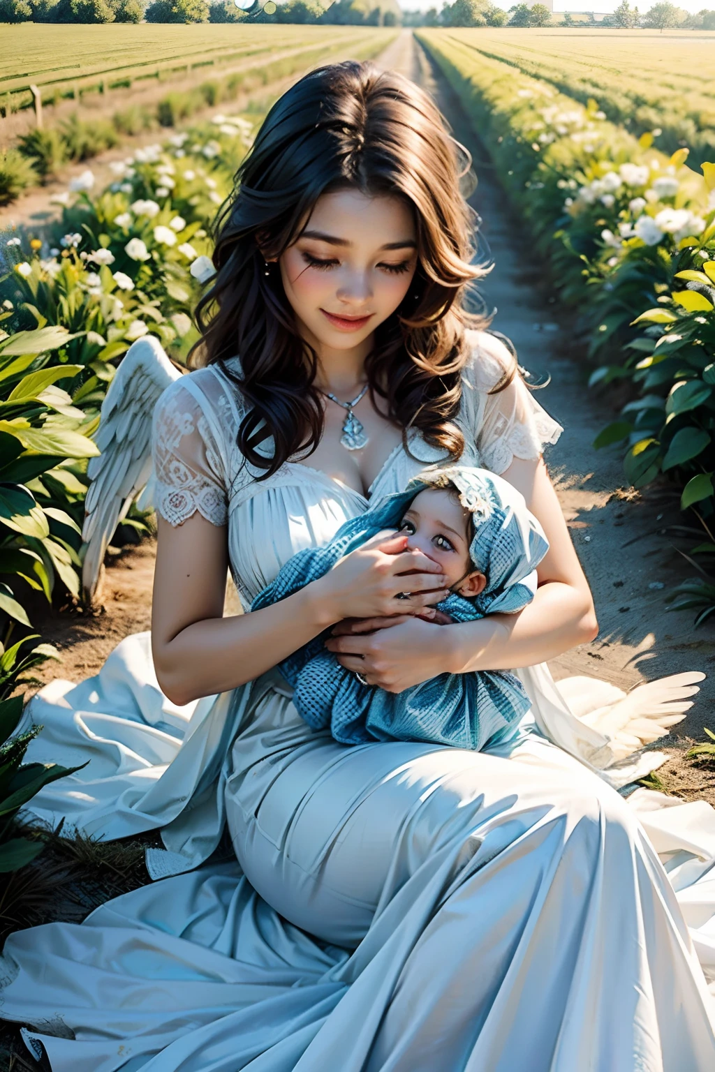 A woman with white angel wings, in a long blue dress, holding a happy , background is a farmer’s field, mood is progressive, appreciative, nurturing, nourishing, daytime light, character design