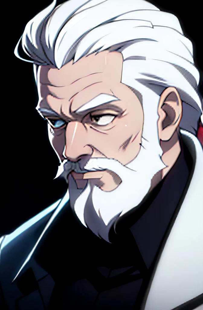 50-years-old man. Black clothes. White middle hair. Beard.